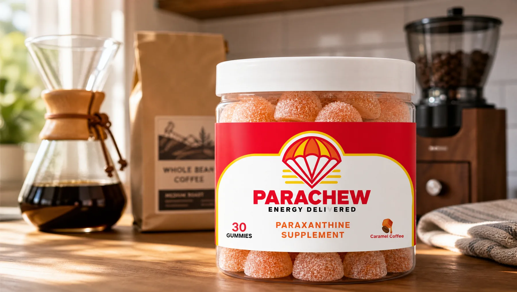 Parachew Caramel Coffee paraxanthine gummies jar in the foreground of a kitchen coffee station in the morning