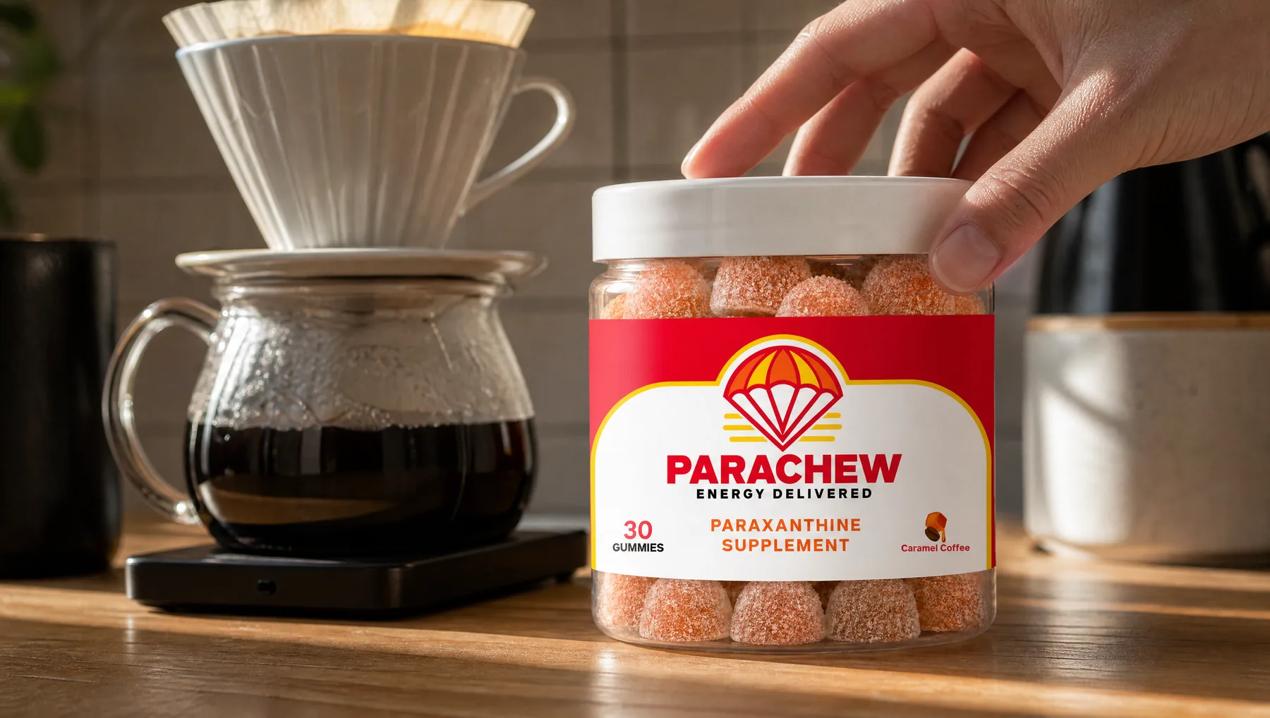 Close view of a Parachew Caramel Coffee paraxanthine gummies jar, a close crop of the coffee-station counter