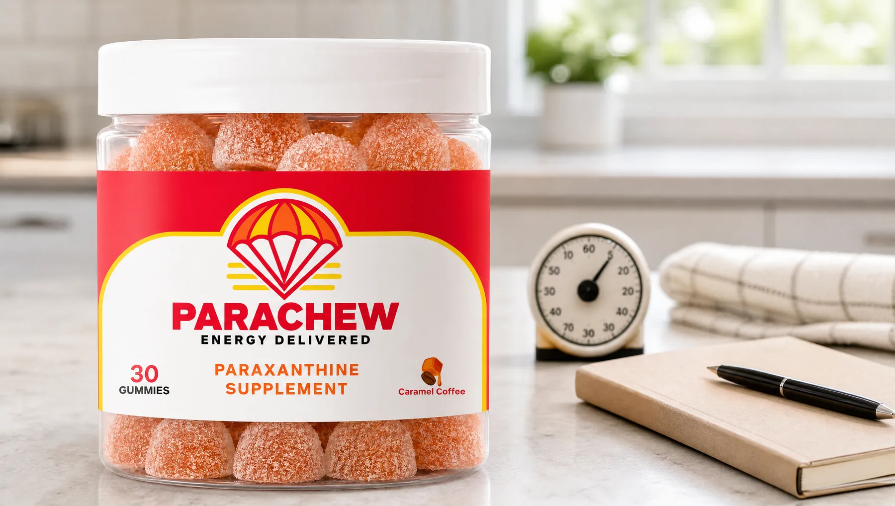 Parachew Caramel Coffee paraxanthine gummies jar in the foreground of a minimal kitchen counter staged for a timing comparison