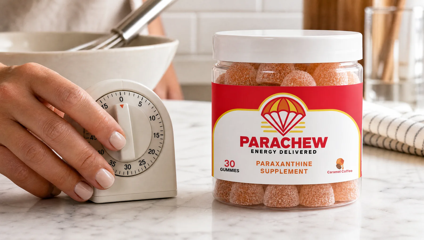 Close view of a Parachew Caramel Coffee paraxanthine gummies jar, a tight overhead crop of the counter