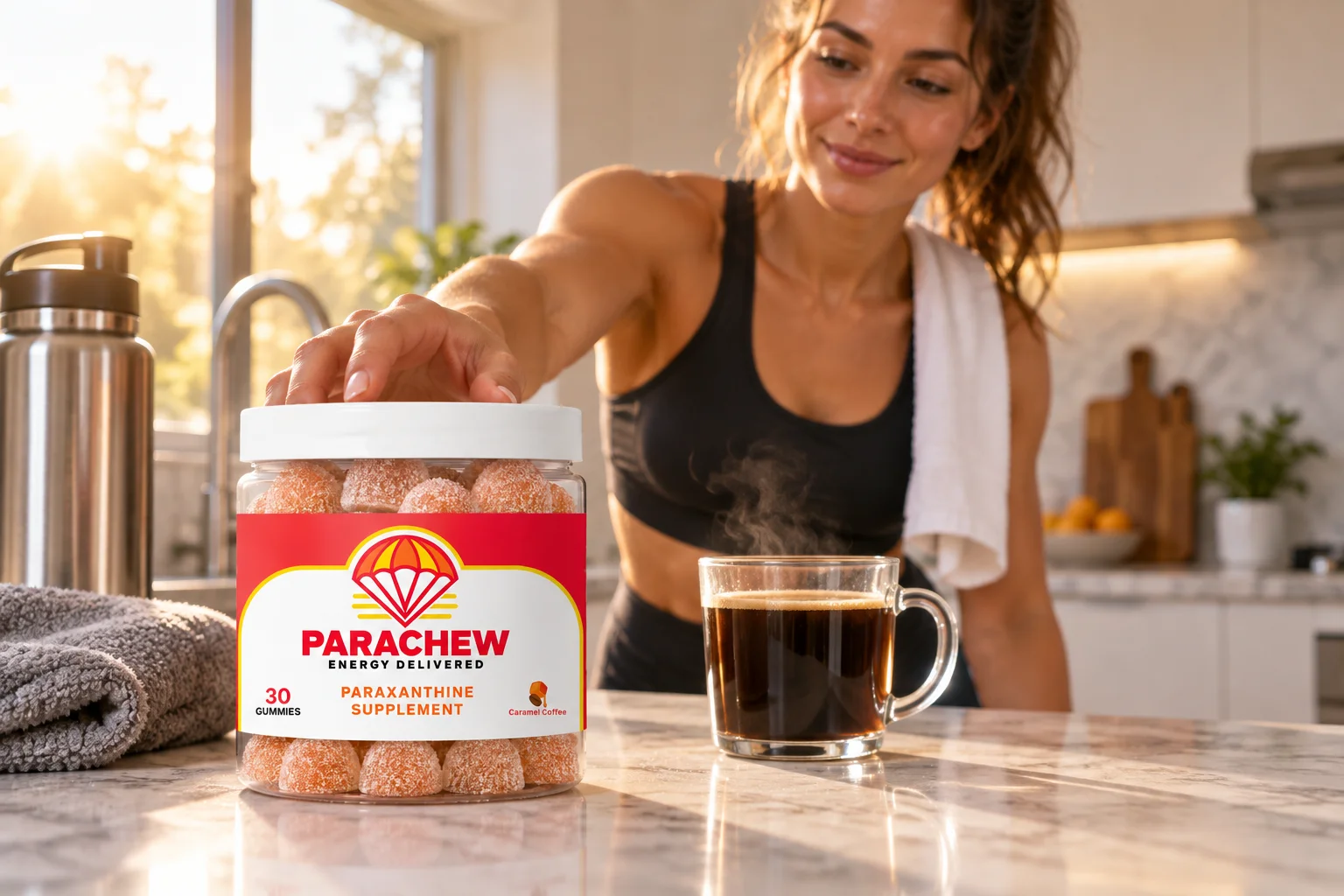 Athlete choosing a Parachew jar at sunrise, favoring paraxanthine and the gut over coffee's acidity