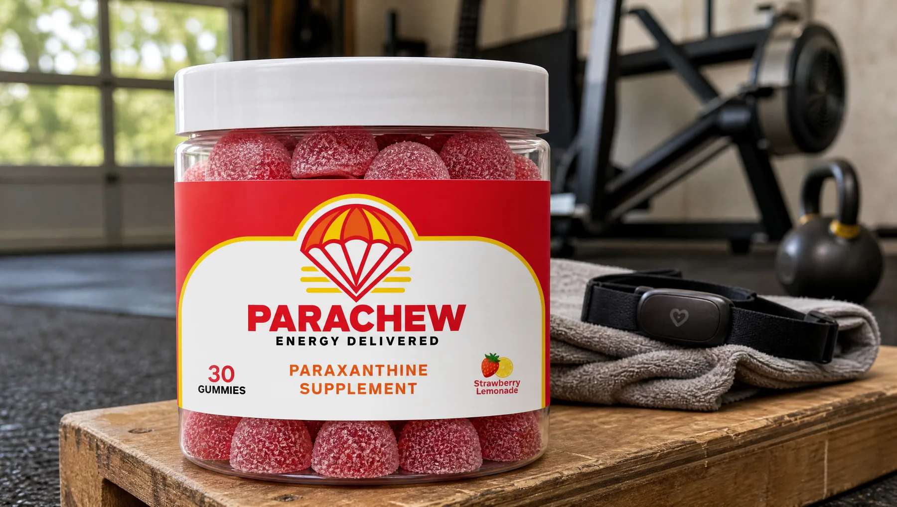 Parachew Strawberry Lemonade paraxanthine gummies jar in the foreground of a home gym after an easy session