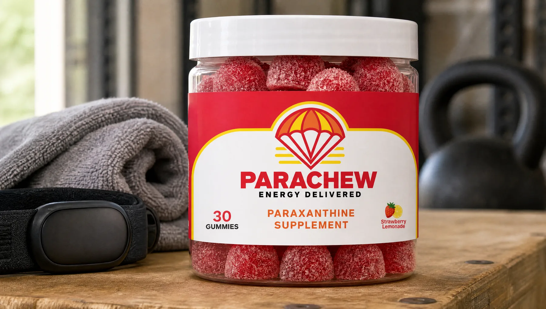 Close view of a Parachew Strawberry Lemonade paraxanthine gummies jar, a tight low angle on the wooden plyo box