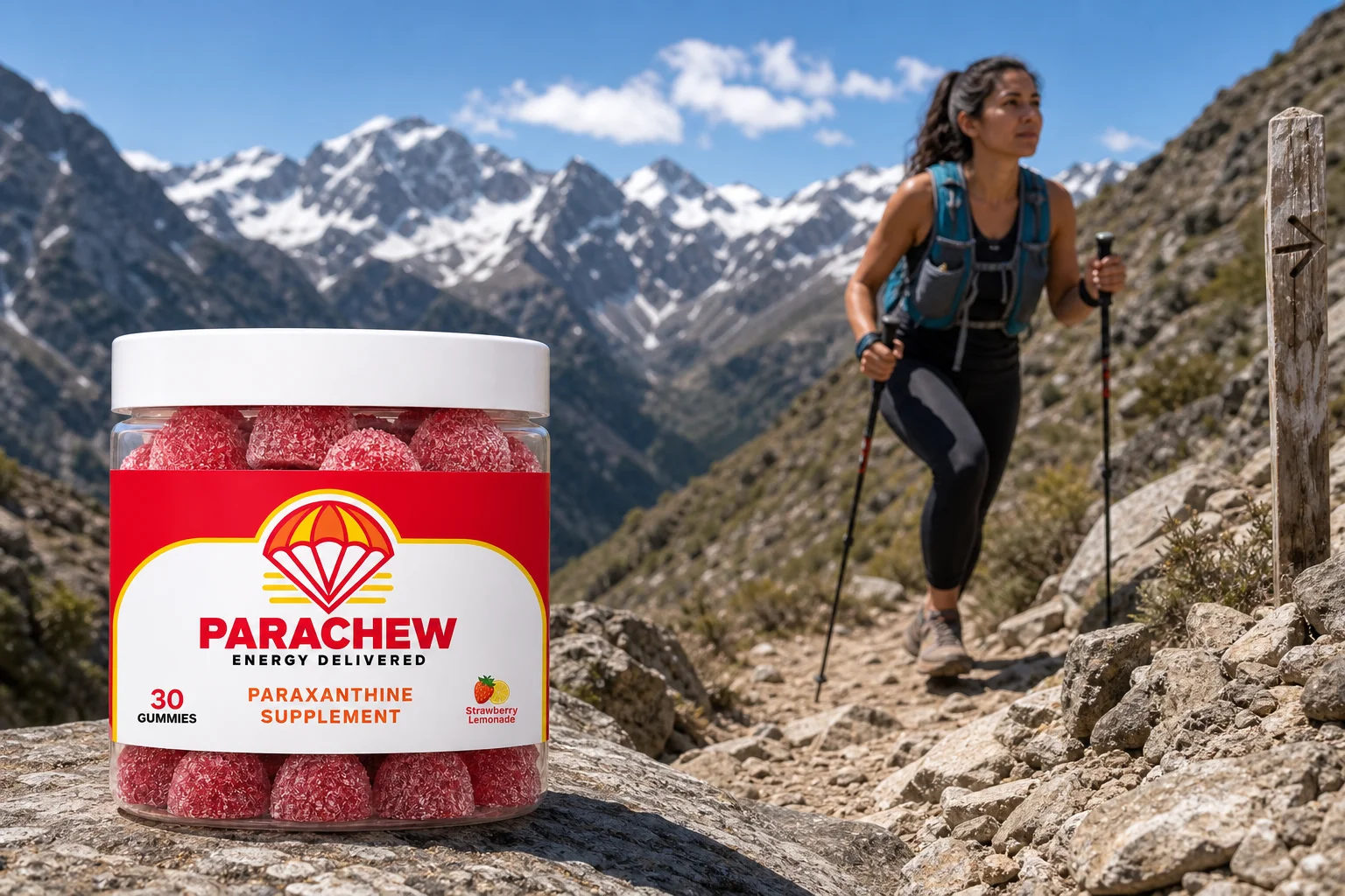 Parachew paraxanthine gummies jar in a real setting: a rocky mountain trail under bright midday sun, illustrating Paraxanthine for High-Altitude Training: Energy Without Vasoconstriction