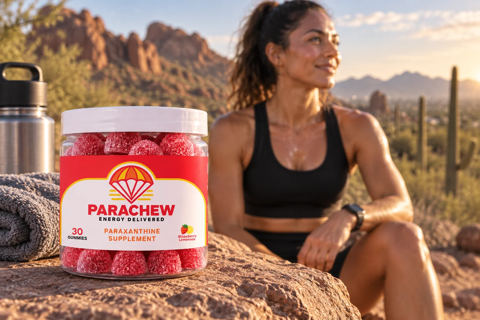 Runner at a Papago Park trailhead holding a Parachew jar beside a water bottle, illustrating paraxanthine and hydration during morning training