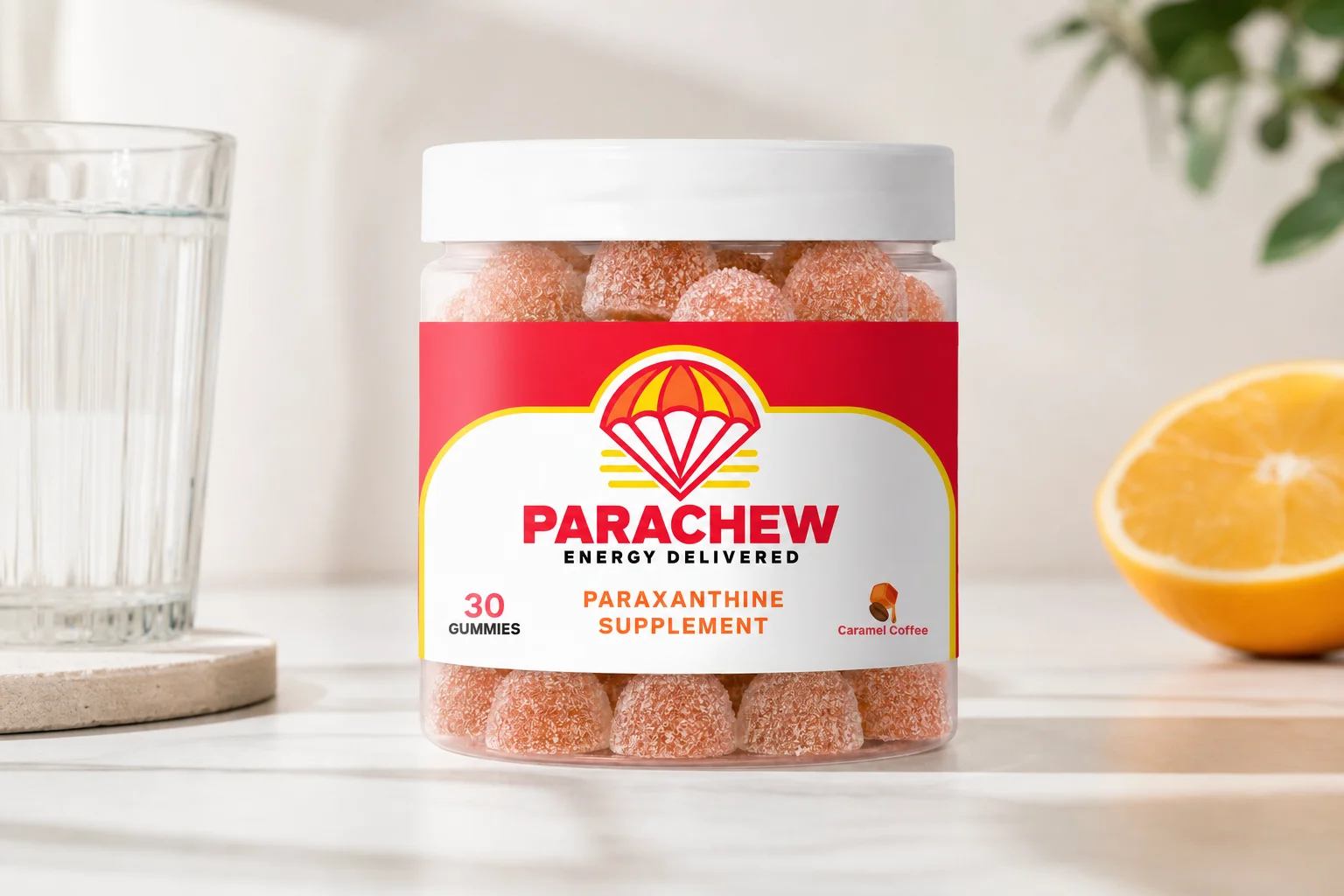Parachew energy gummies on a clean desk with water and a fasting timer representing a paraxanthine and intermittent fasting morning routine