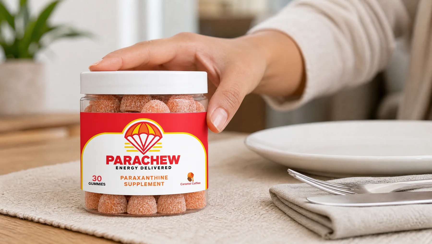 Close view of a Parachew Caramel Coffee paraxanthine gummies jar, a close crop of the table