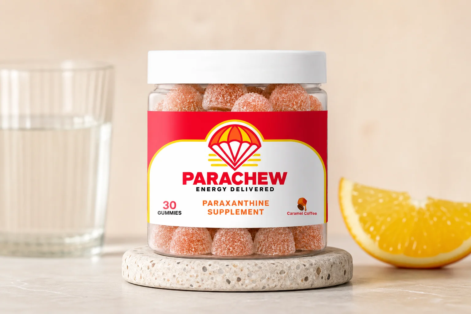 Business traveler at international airport gate with Parachew gummies in travel bag, representing paraxanthine for jet lag support during time zone travel