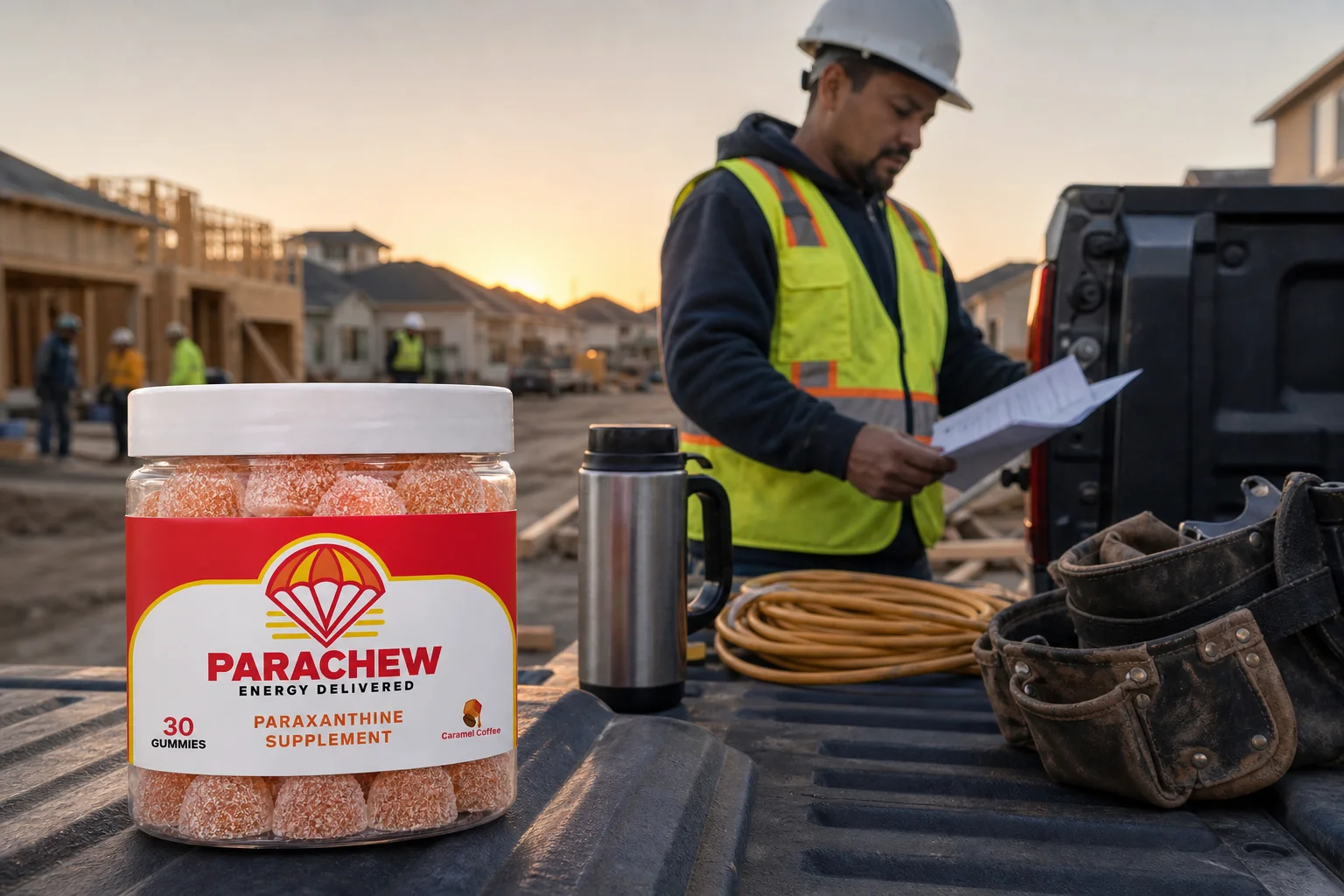 Trade worker holding a Parachew jar at sunrise on a job site before an early call time shift