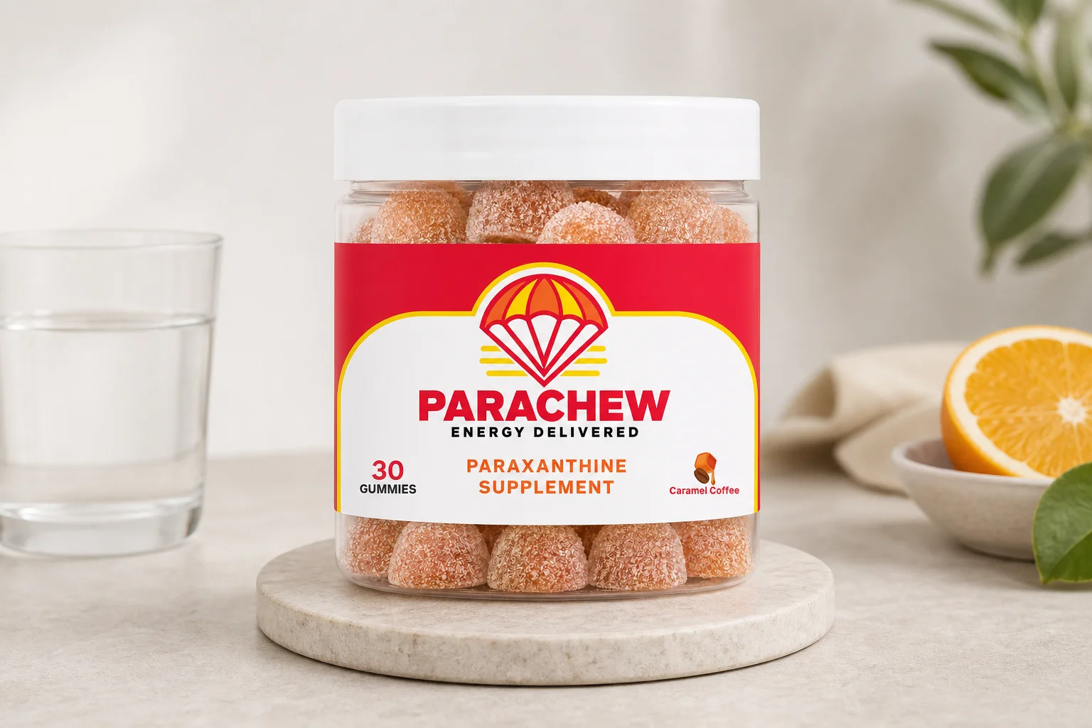 Parachew paraxanthine gummies on a modern performance desk representing the paraxanthine + l-theanine focus stack