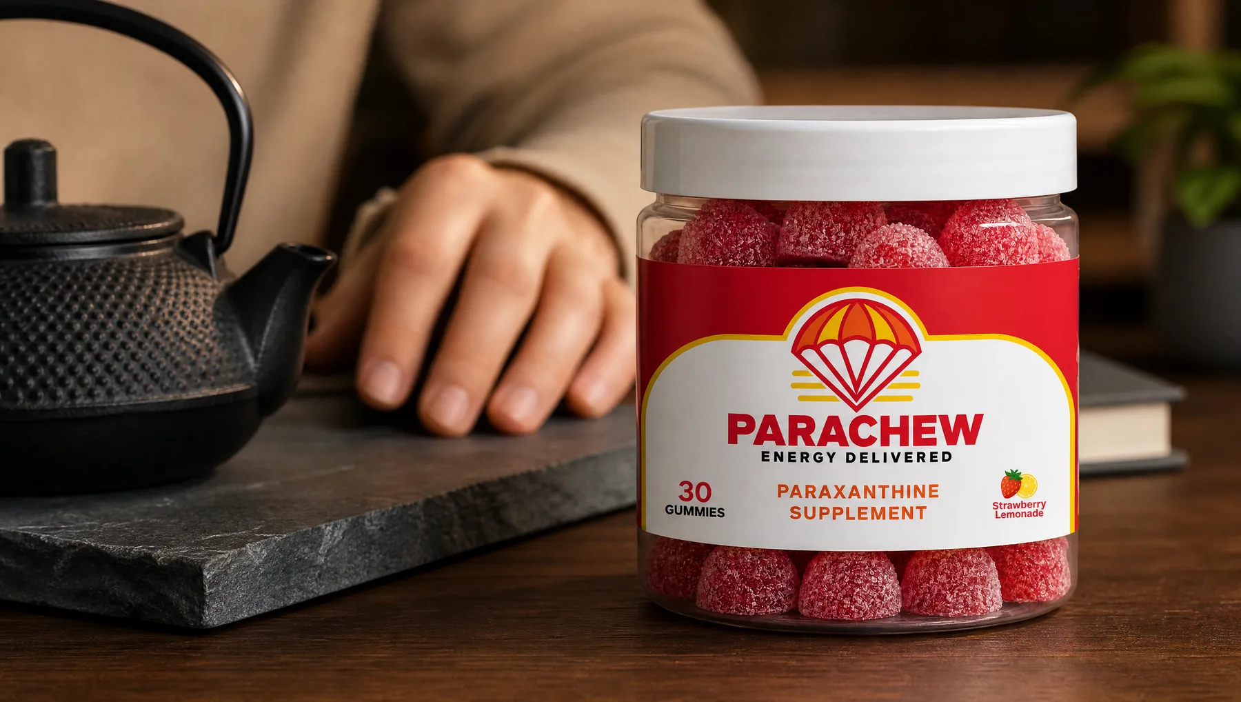 Close view of a Parachew Strawberry Lemonade paraxanthine gummies jar, a close crop of the desk