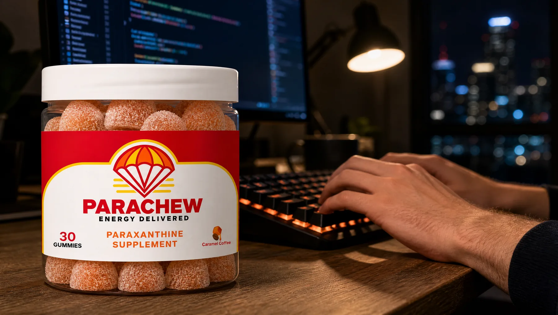 Parachew Caramel Coffee paraxanthine gummies jar in the foreground of a developer's home desk at one in the morning