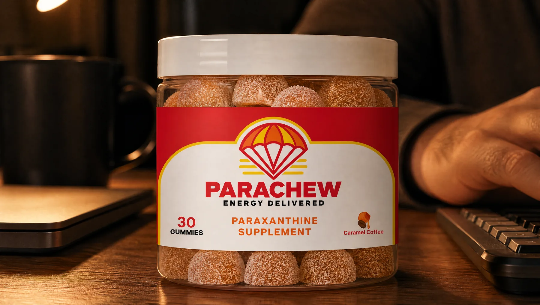 Close view of a Parachew Caramel Coffee paraxanthine gummies jar, a tight low crop of the desk corner at the same late hour