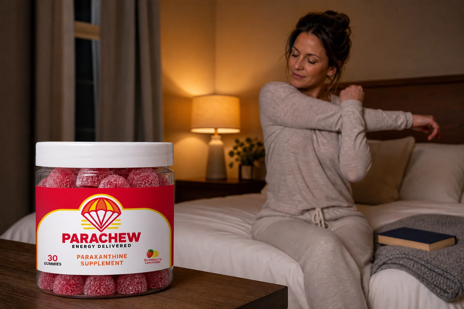 Parachew paraxanthine gummies jar in a real setting: a bedroom at dim evening, illustrating Paraxanthine + Magnesium: Why the Combination Works for Evening Wind-Down