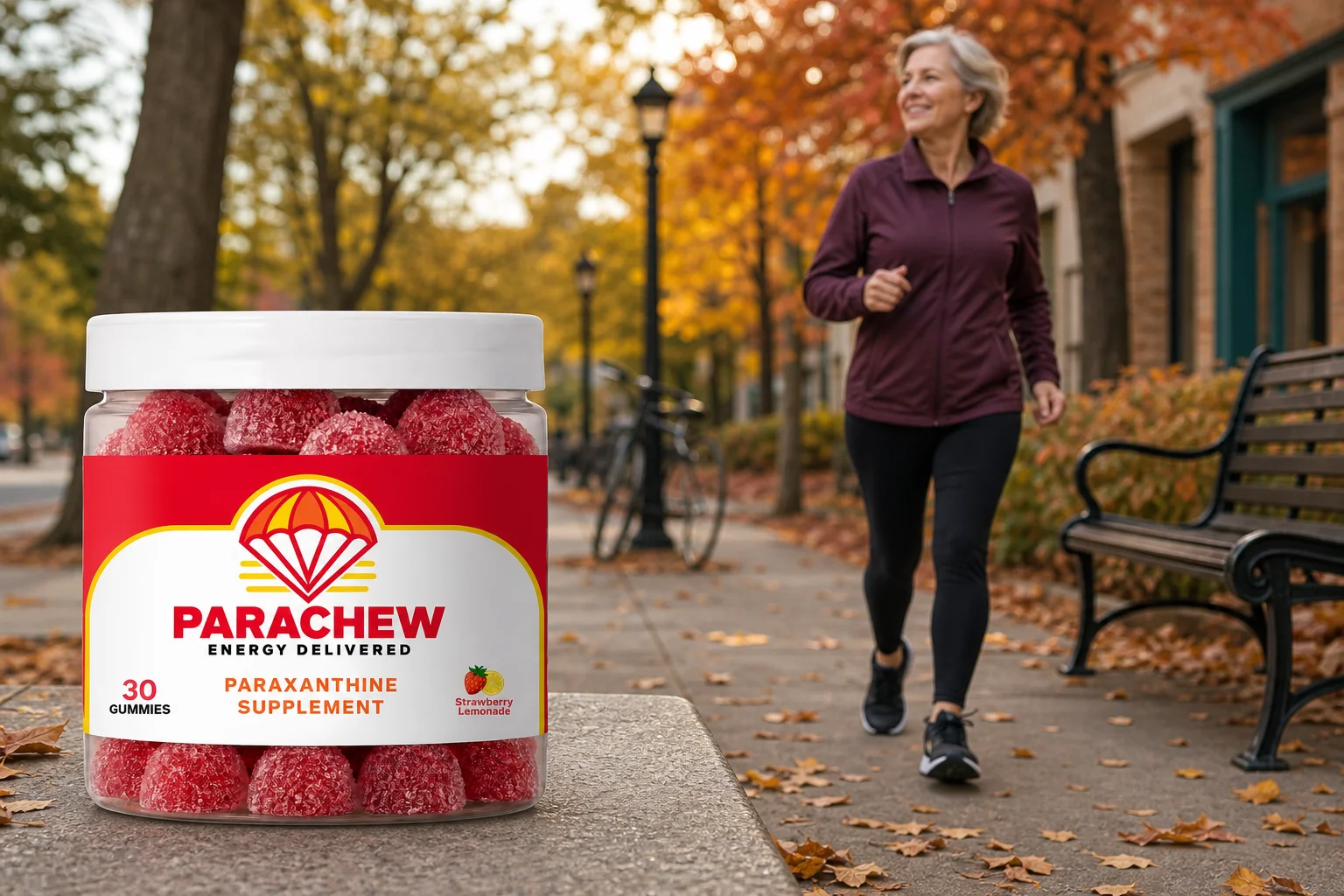 Parachew paraxanthine gummies jar in a real setting: a neighborhood sidewalk on a crisp autumn afternoon, illustrating Paraxanthine and Menopause: Why Caffeine Sensitivity Often Increases After 50