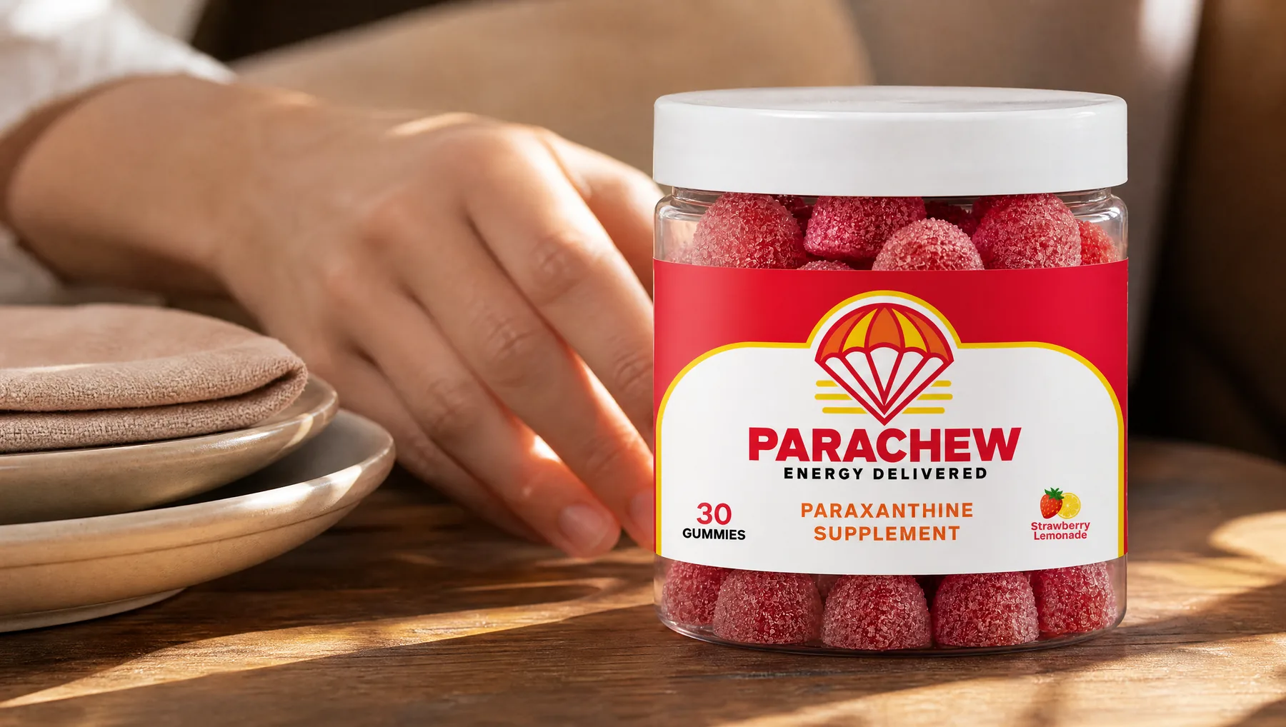 Close view of a Parachew Strawberry Lemonade paraxanthine gummies jar, a tight crop of the table