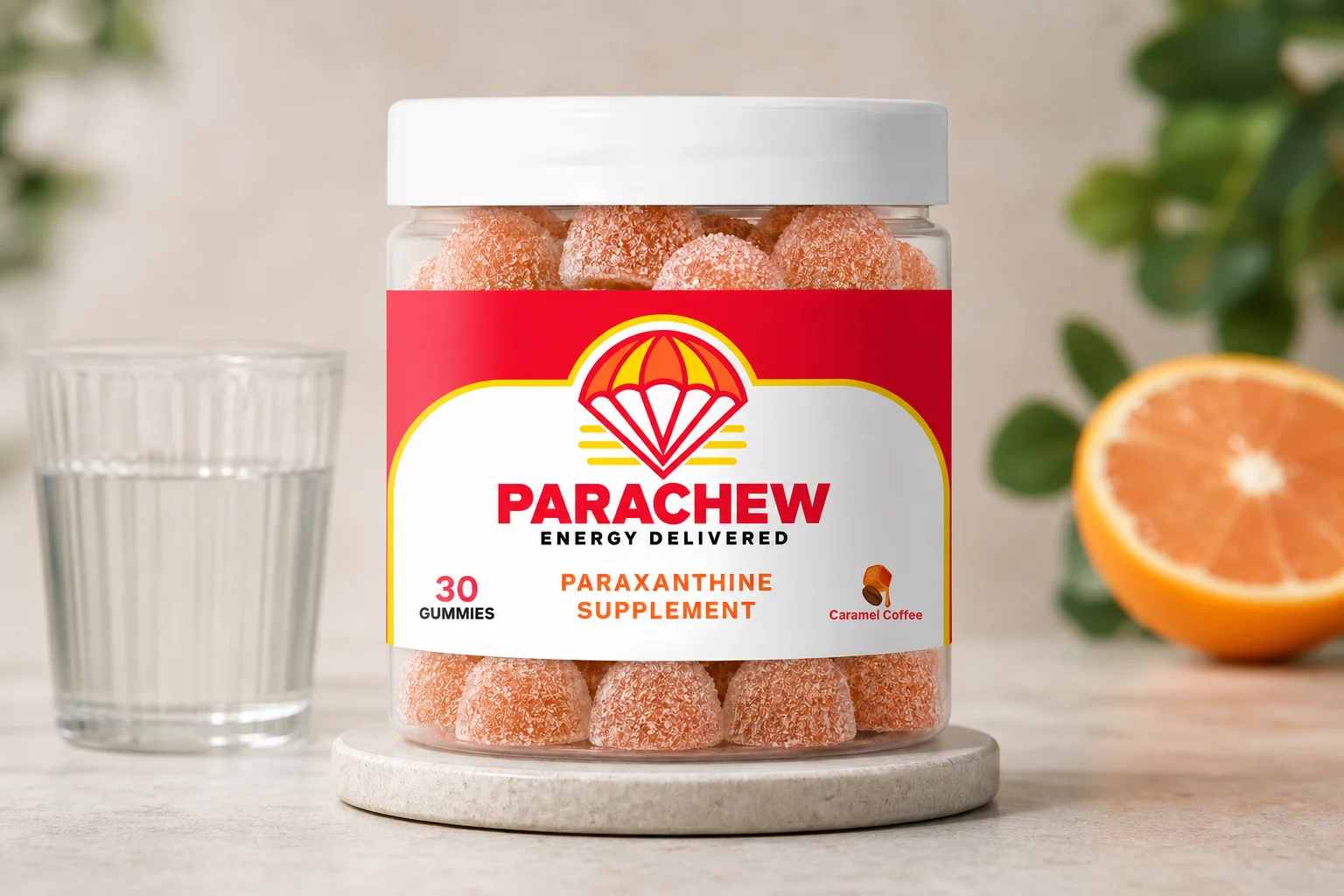 Parachew paraxanthine pouches product displayed on a gym bag with athletic gear, representing clean energy and performance