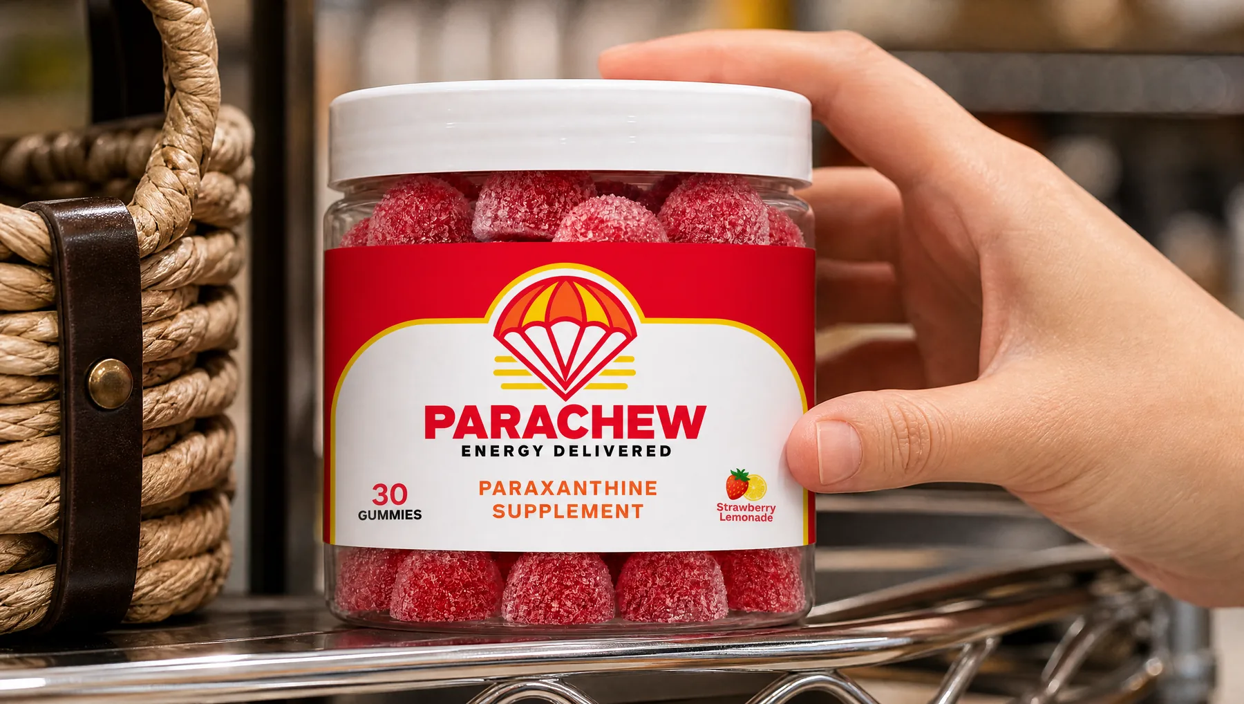 Close view of a Parachew Strawberry Lemonade paraxanthine gummies jar, a tight crop at the market shelf lip