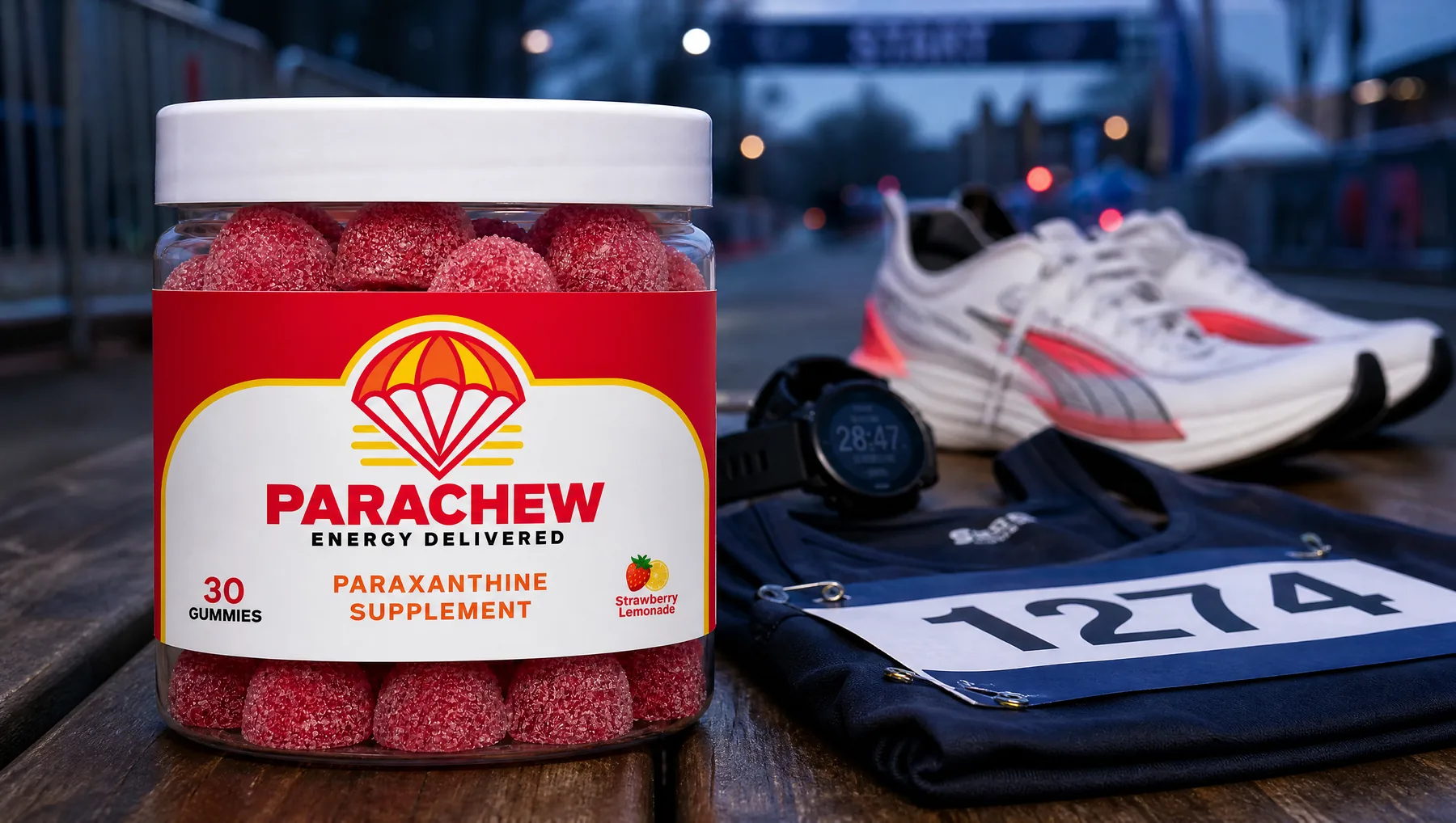 Parachew Strawberry Lemonade paraxanthine gummies jar in the foreground of race morning kit laid out on a wooden bench