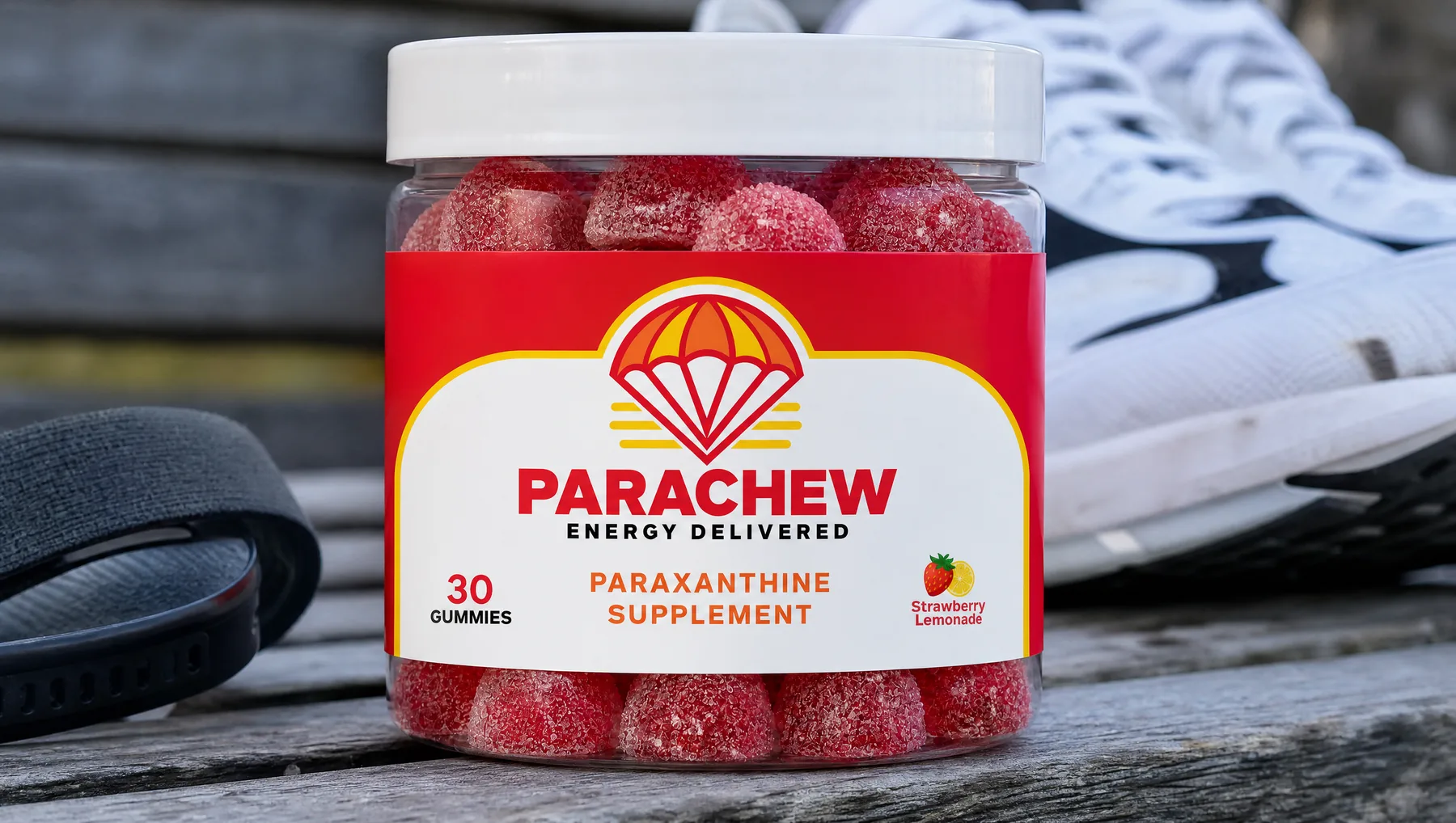 Close view of a Parachew Strawberry Lemonade paraxanthine gummies jar, a tight low angle along the bench slats