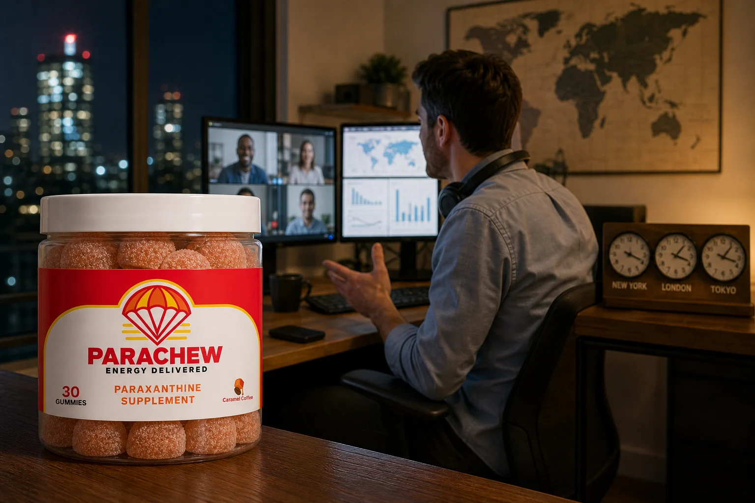 Parachew paraxanthine gummies jar in a real setting: a home office at night, illustrating Paraxanthine for Remote Workers: Holding Focus Across Time Zones