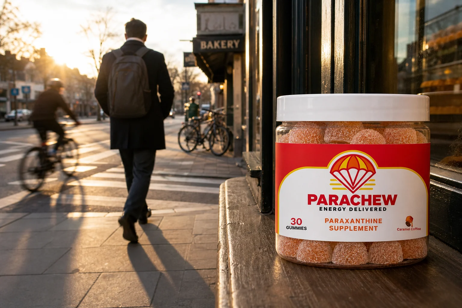 Parachew paraxanthine gummies jar in a real setting: a city sidewalk at sunrise, illustrating Is Paraxanthine Safe Long Term? What a Year of Daily Use Looks Like