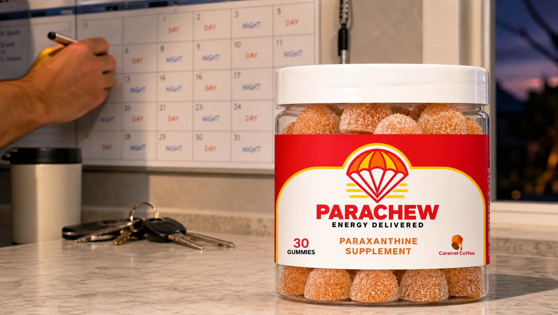 Parachew Caramel Coffee paraxanthine gummies jar in the foreground of a kitchen wall-calendar planning station