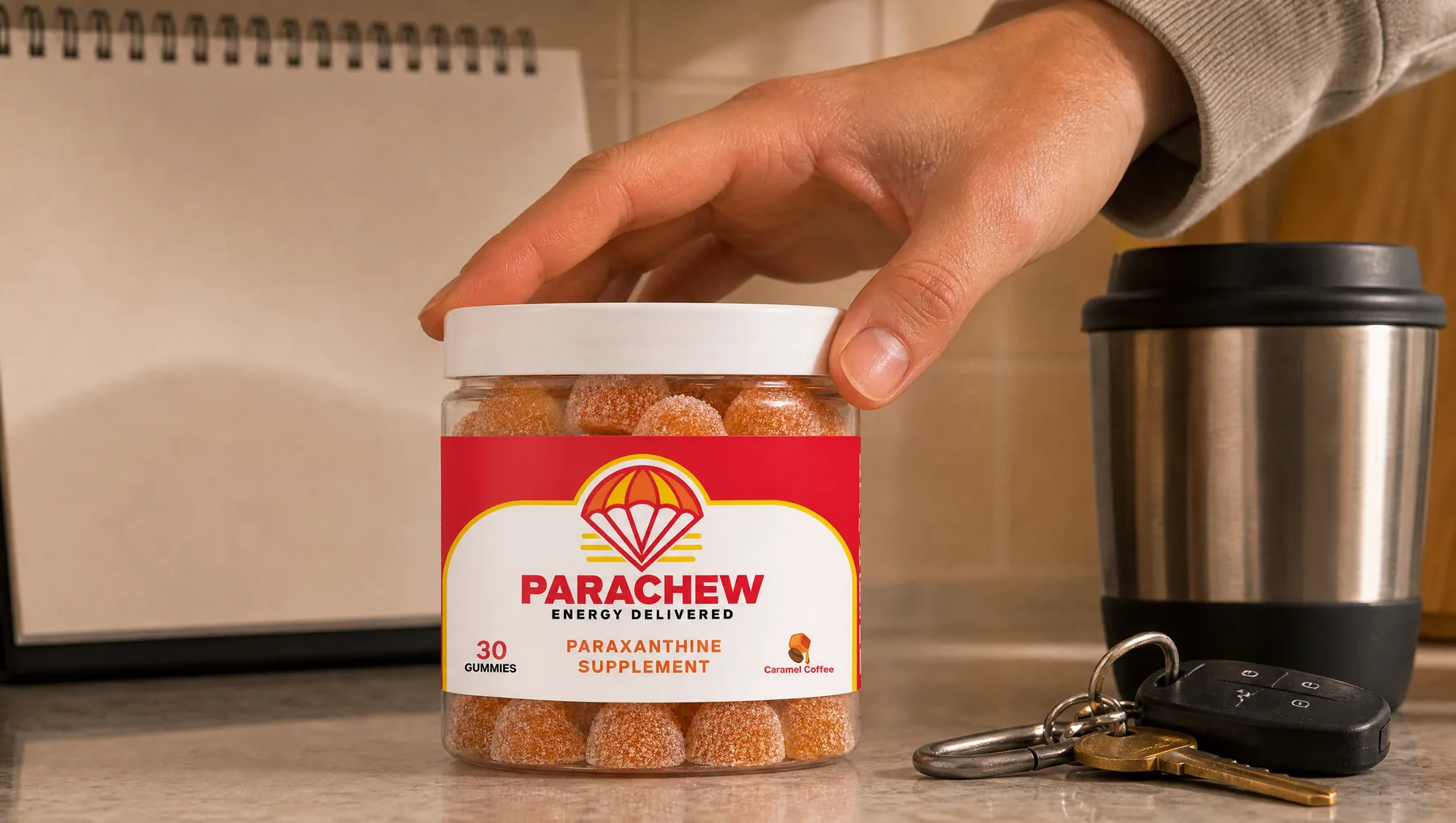 Close view of a Parachew Caramel Coffee paraxanthine gummies jar, a close crop of the counter below the wall calendar