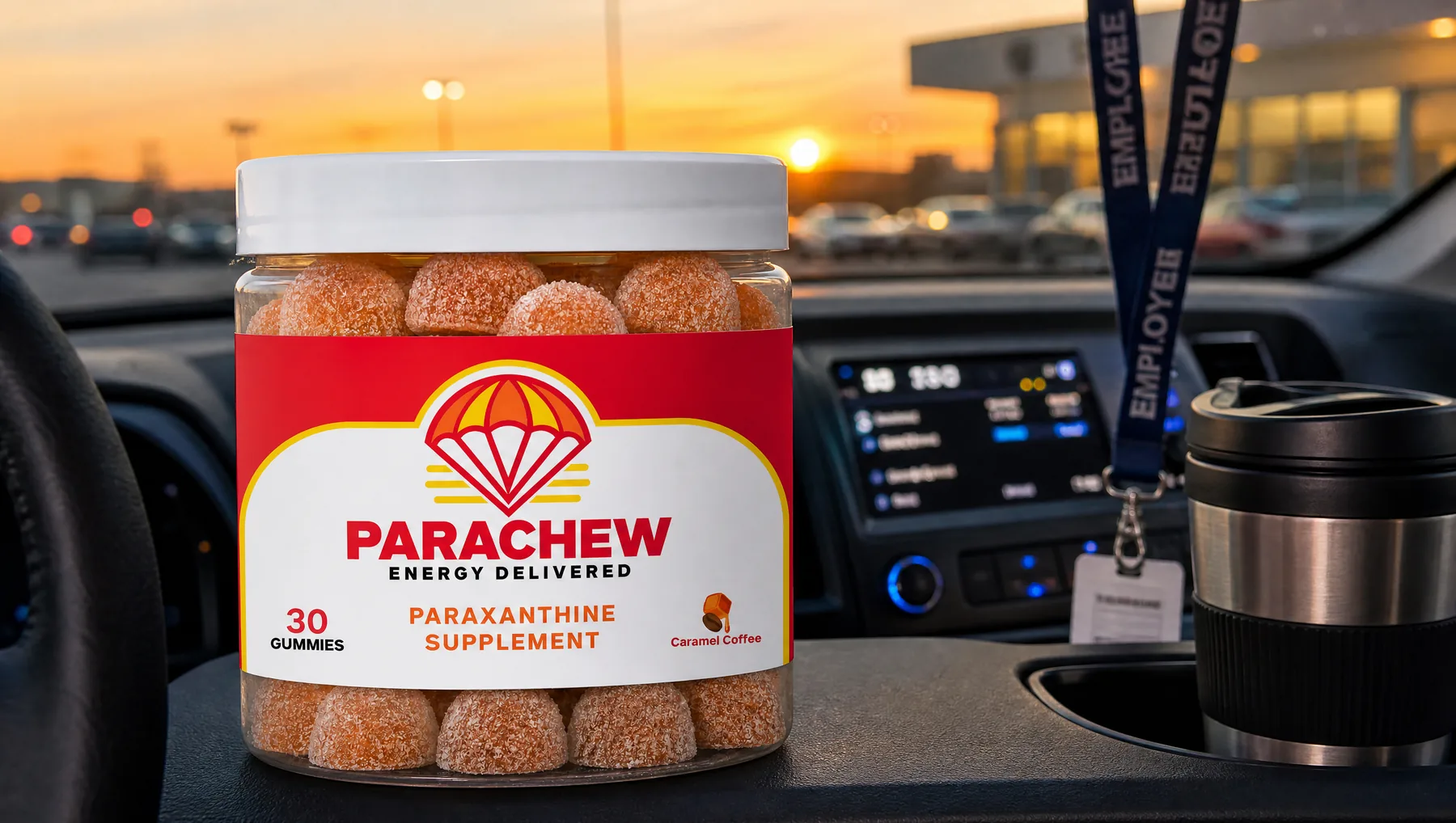 Parachew Caramel Coffee paraxanthine gummies jar in the foreground of the view across a car's dashboard at dusk in an employee parking lot