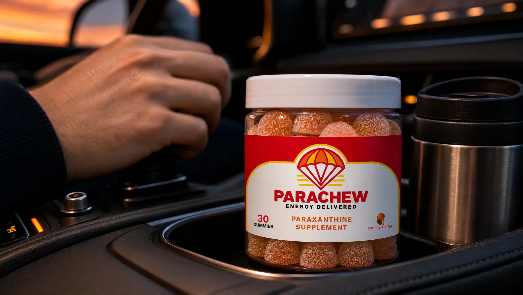 Close view of a Parachew Caramel Coffee paraxanthine gummies jar, a tight crop across the car's centre console