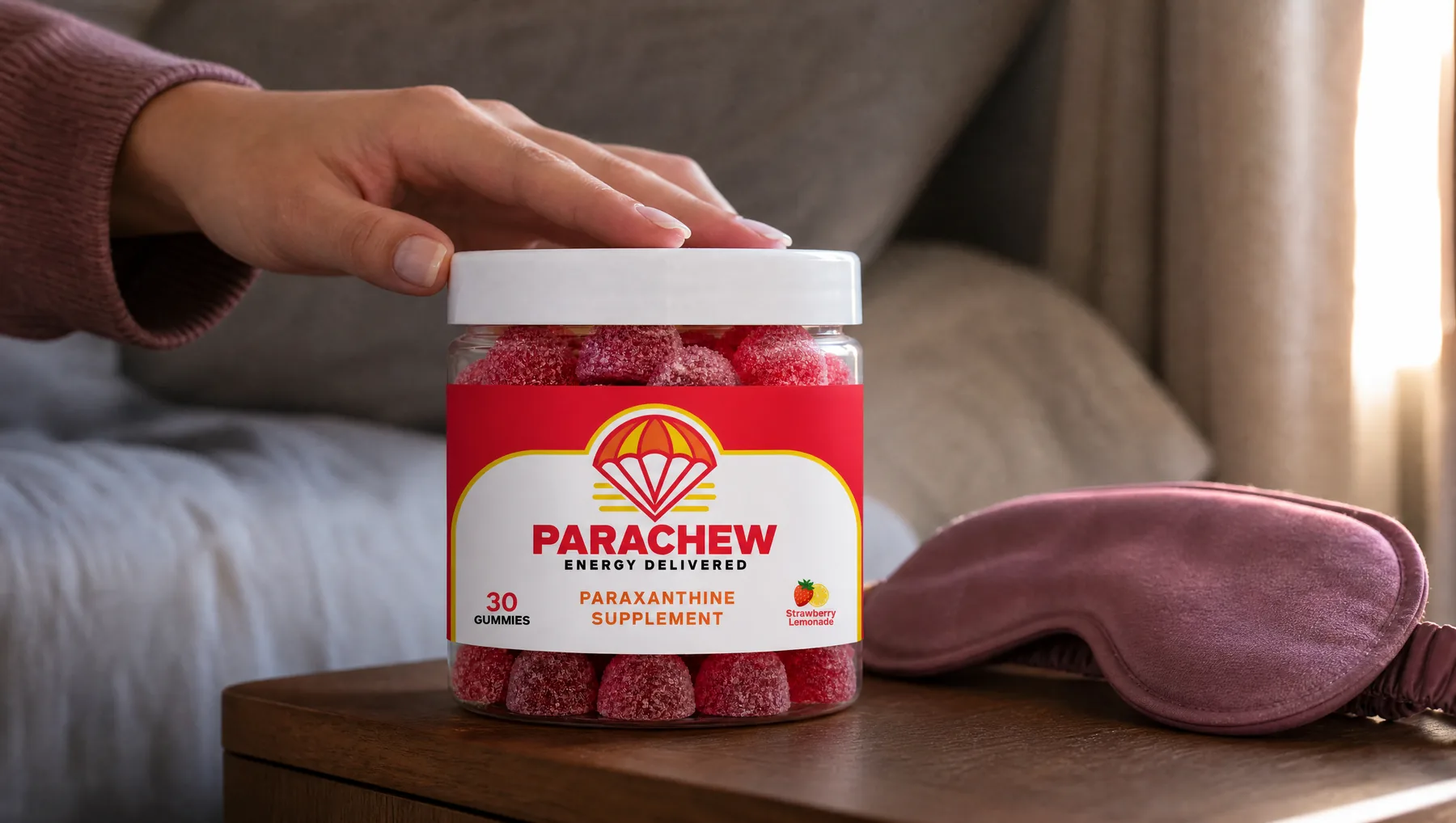 Close view of a Parachew Strawberry Lemonade paraxanthine gummies jar, a close crop of the bedroom side table