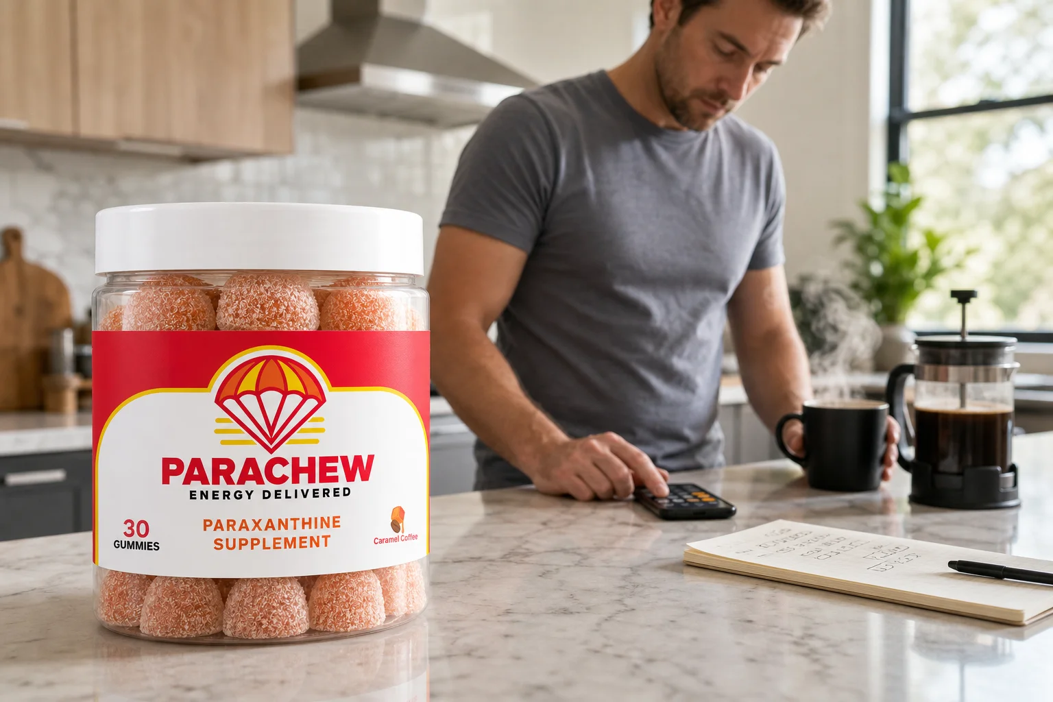 Entrepreneur calculating paraxanthine stack math beside coffee and a Parachew jar in a sunlit kitchen