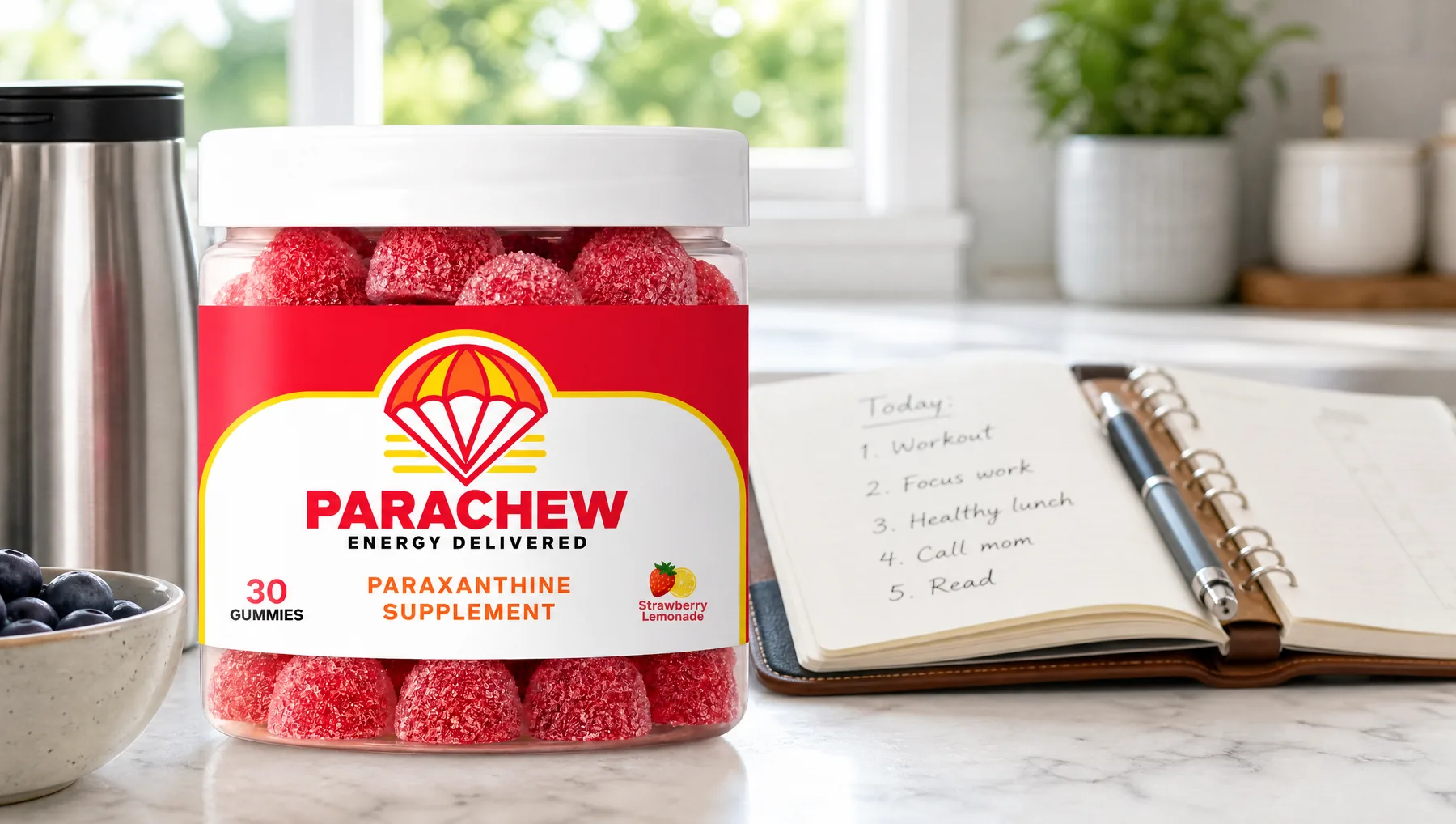 Parachew Strawberry Lemonade paraxanthine gummies jar in the foreground of a kitchen island set up for planning a daily routine