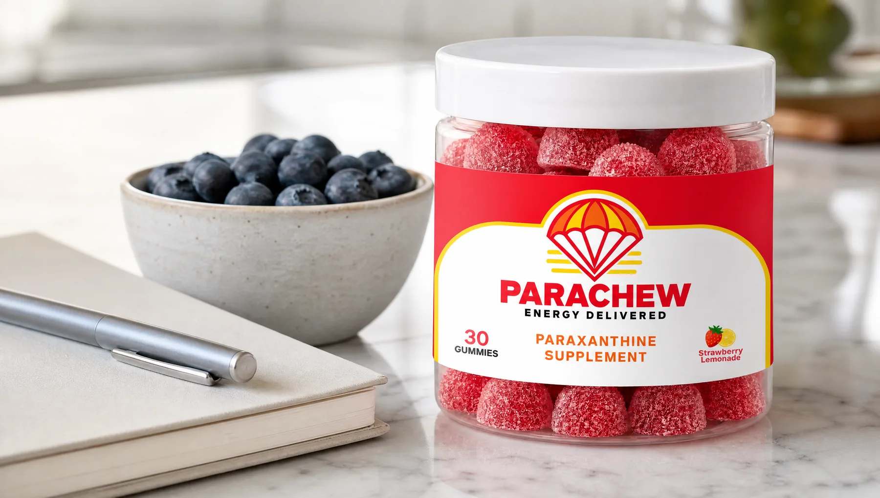 Close view of a Parachew Strawberry Lemonade paraxanthine gummies jar, a close overhead crop of the island