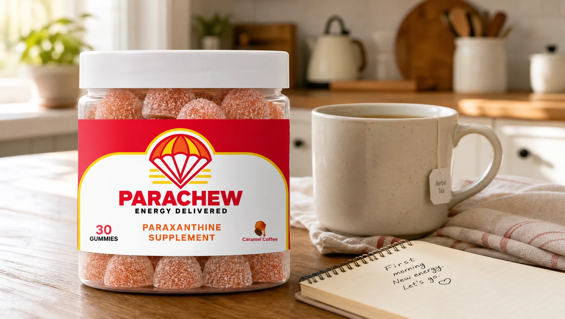 Parachew Caramel Coffee paraxanthine gummies jar in the foreground of a calm kitchen counter on a first morning