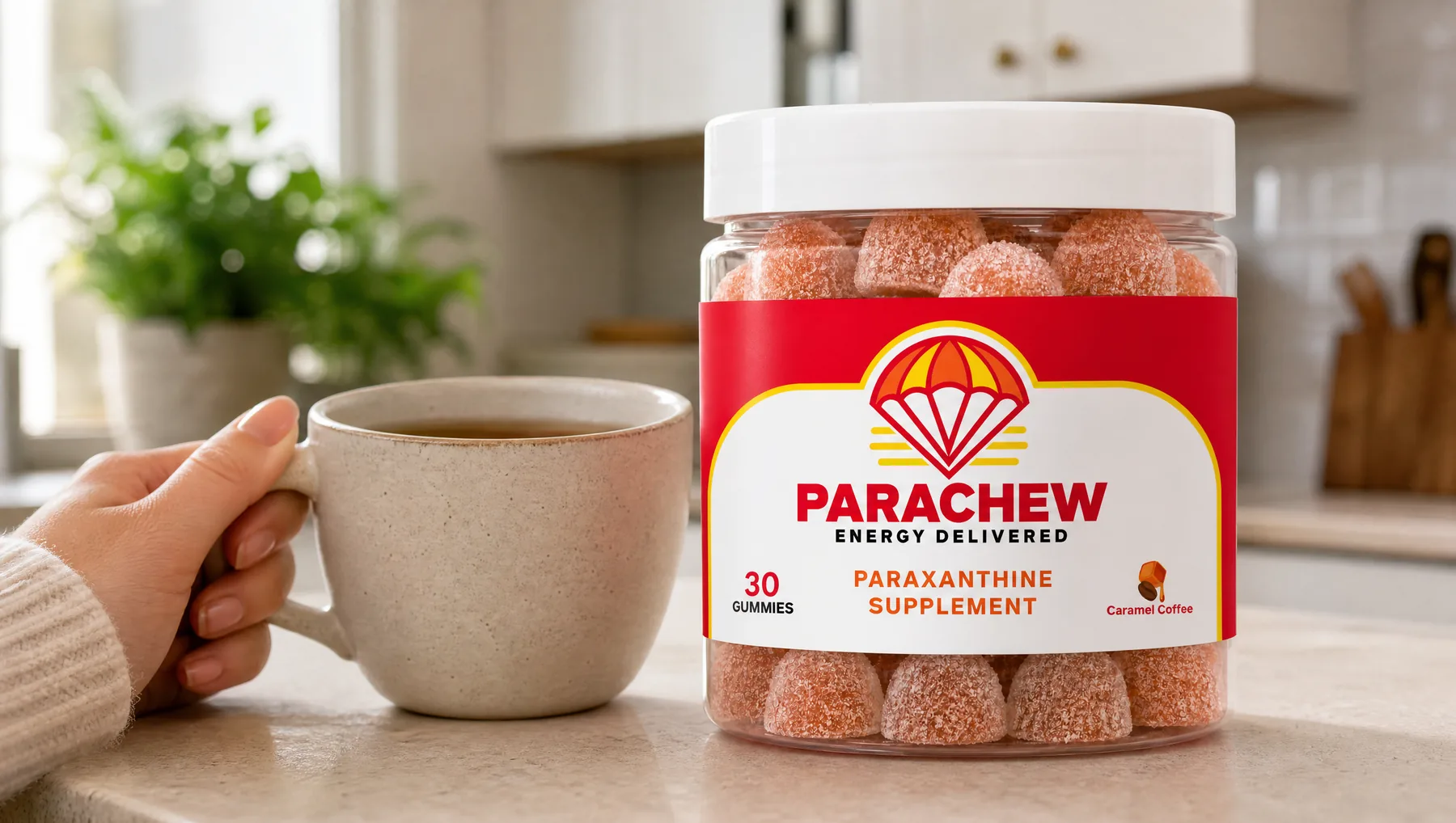 Close view of a Parachew Caramel Coffee paraxanthine gummies jar, a close three-quarter crop of the counter