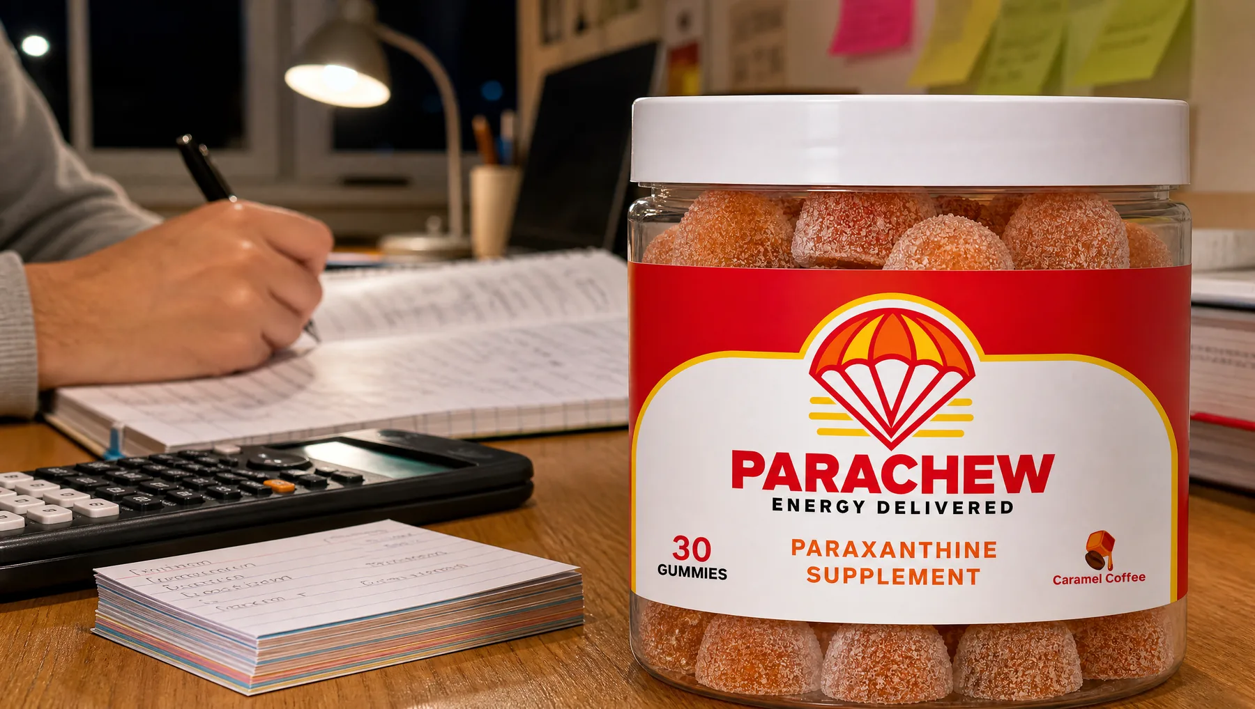 Parachew Caramel Coffee paraxanthine gummies jar in the foreground of a student's dorm desk during a long evening study block