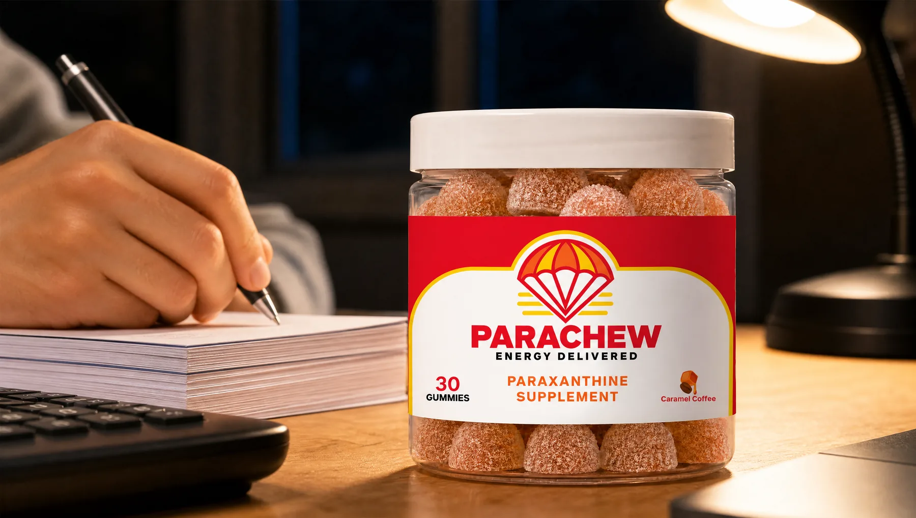 Close view of a Parachew Caramel Coffee paraxanthine gummies jar, a tight low crop under the desk lamp