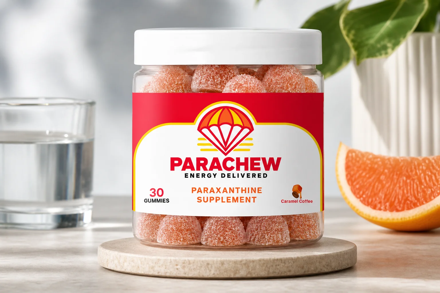 Parachew energy gummies on a gym bag surface with QC documentation in the background, illustrating third-party testing for paraxanthine