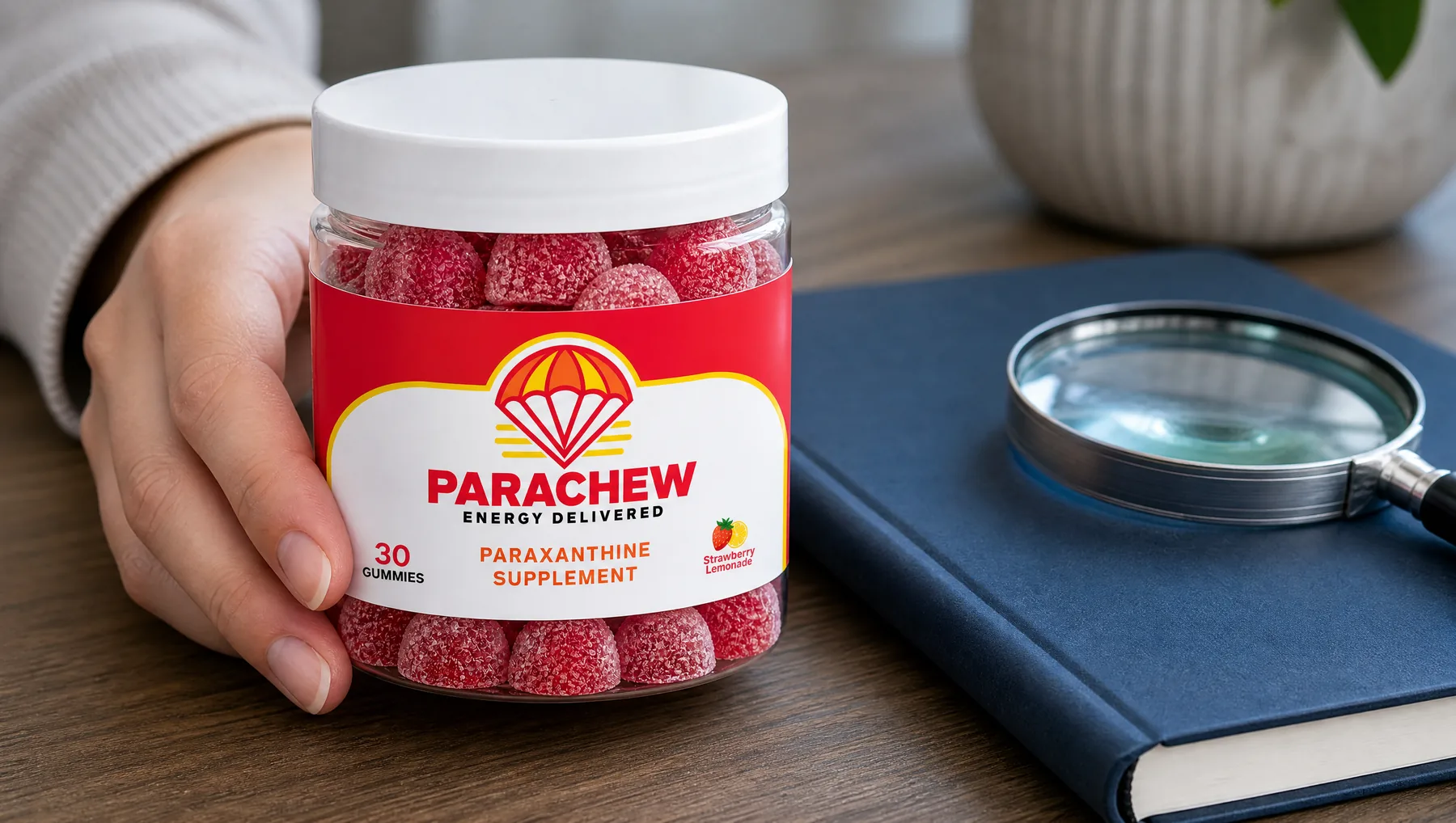 Close view of a Parachew Strawberry Lemonade paraxanthine gummies jar, a close overhead crop of the desk