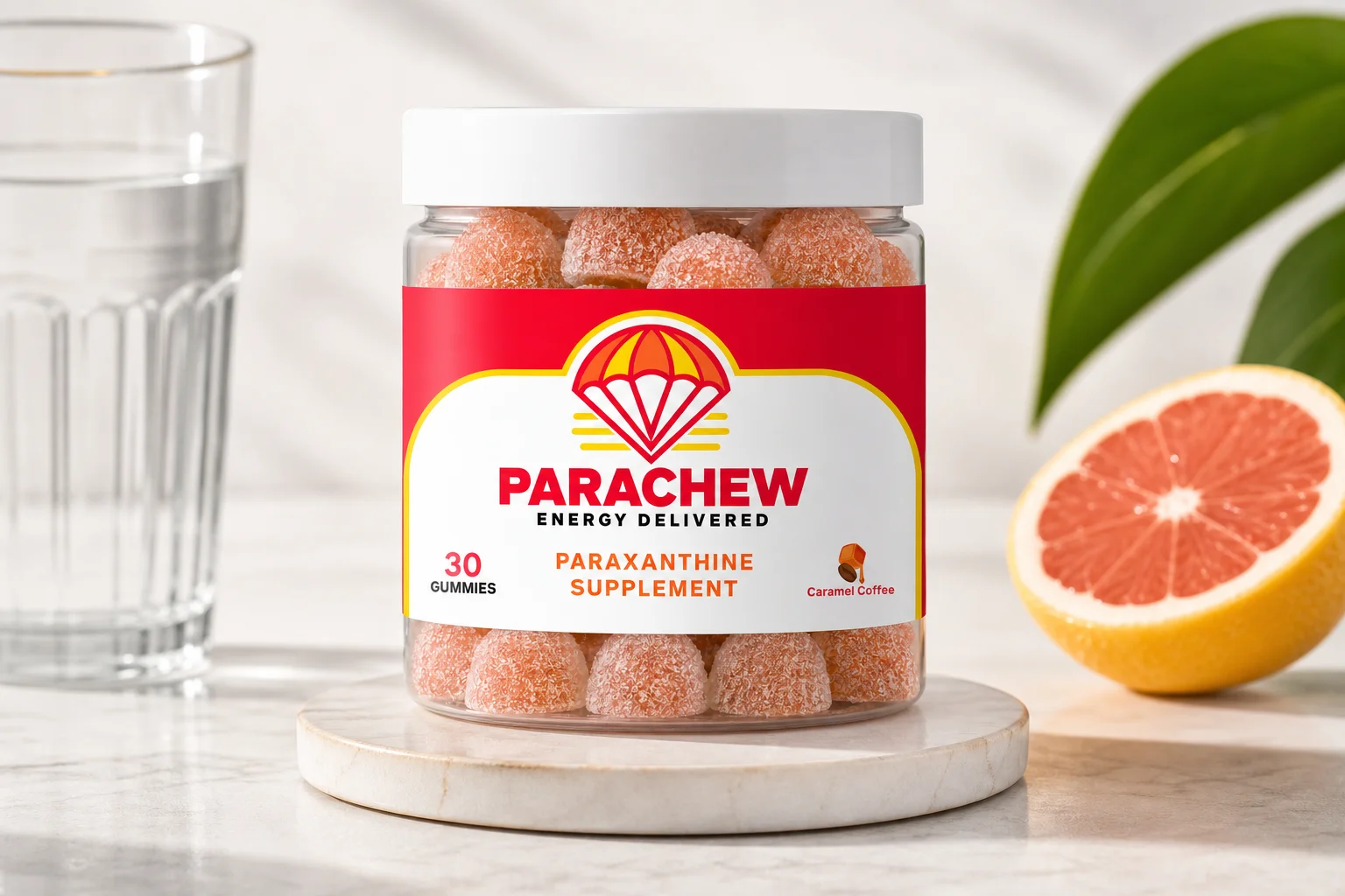Parachew energy gummy packaging on a student desk setup representing building paraxanthine tolerance across a semester