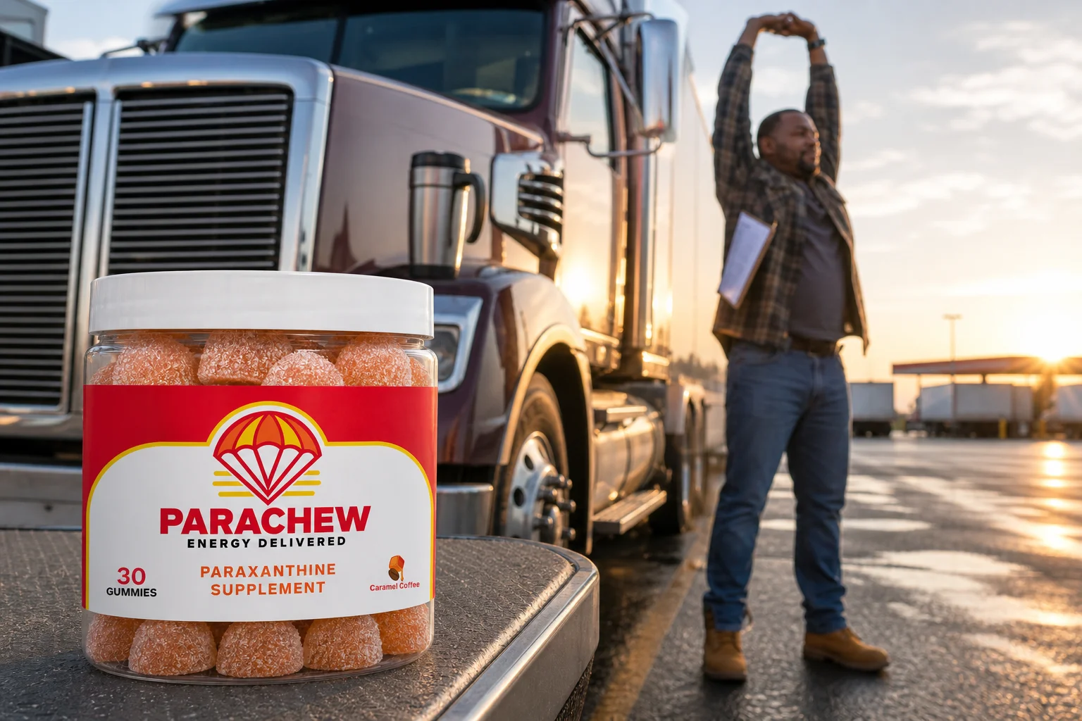 Parachew paraxanthine gummies jar in a real setting: wide shot at a truck stop at sunrise: a middle-aged black male driver in a flannel shirt and work boots stands beside his parked semi-truck, illustrating Paraxanthine for Truck Drivers: Energy With