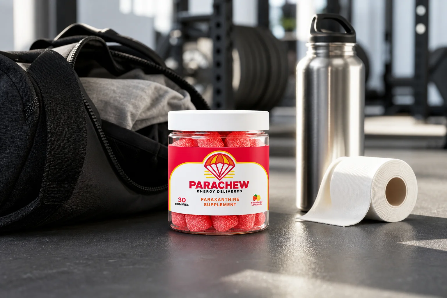 Parachew energy gummies arranged beside a gym bag, athletic tape, and a water bottle on a clean gym floor, lifestyle product photography