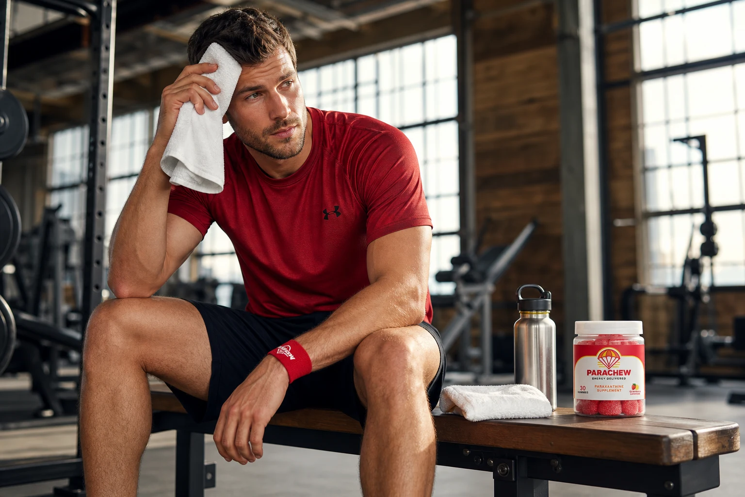 Athlete on a wood gym bench wiping his brow with a towel during a recovery moment, with a Parachew jar and water bottle on the bench beside him