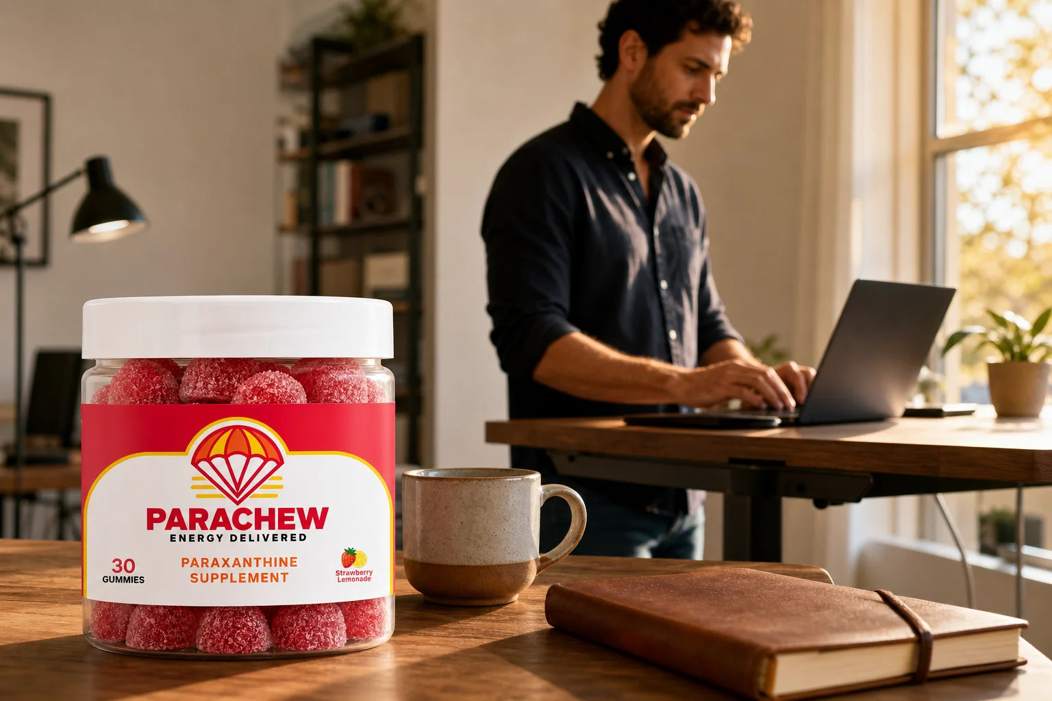 Entrepreneur building a paraxanthine focus energy routine beside a Parachew jar at a sunlit standing desk