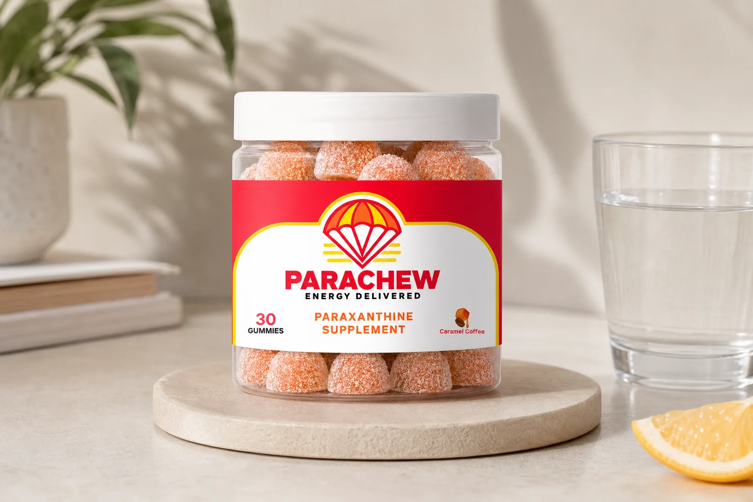 Parachew paraxanthine gummies compared side by side with pre-workout drinks in a performance athletic staging area