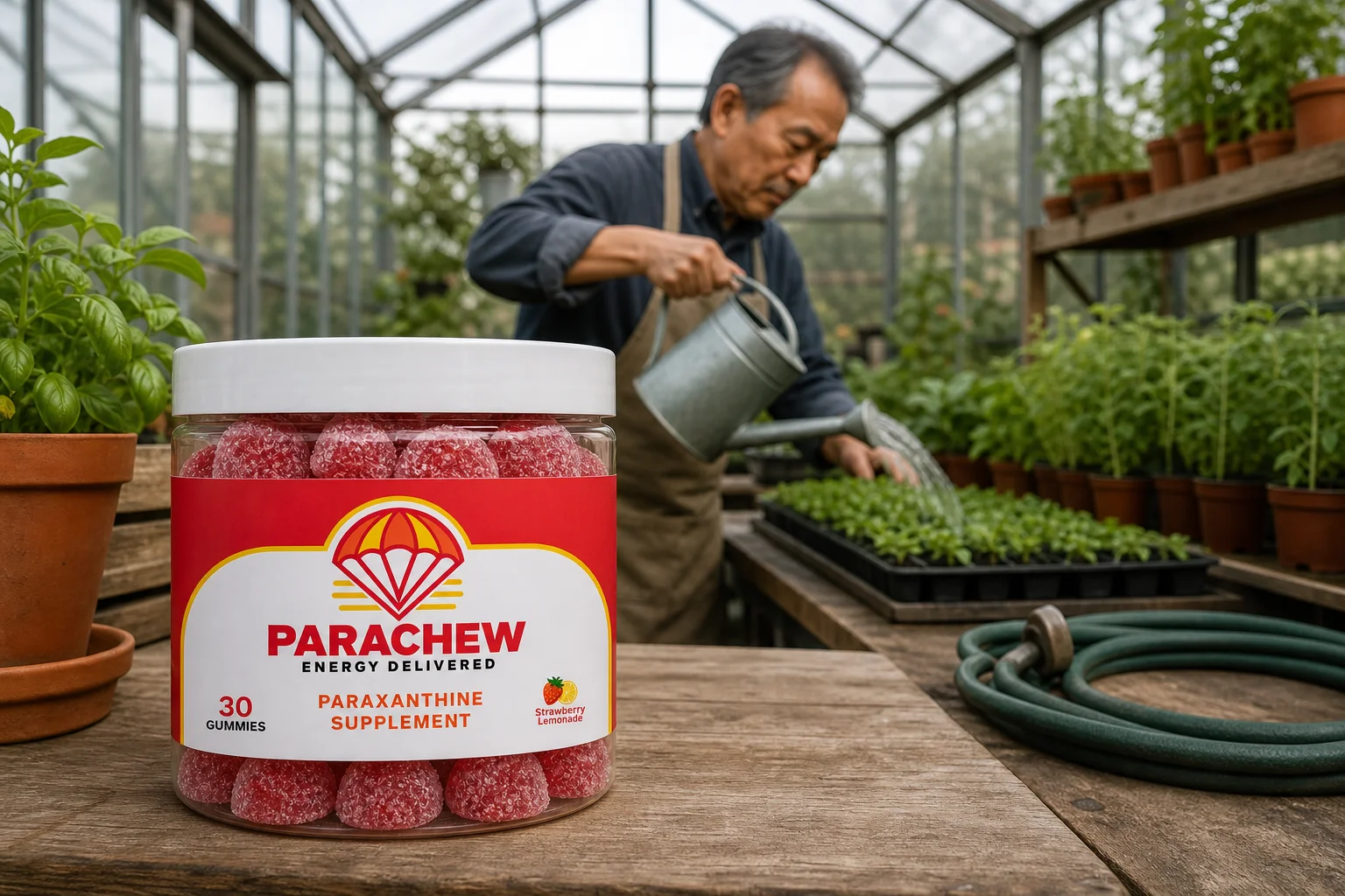 Parachew paraxanthine gummies jar in a real setting: inside a glass greenhouse under soft overcast daylight, illustrating Paraxanthine vs Rhodiola Rosea: Two Adaptogens or One Stimulant and One Adaptogen?
