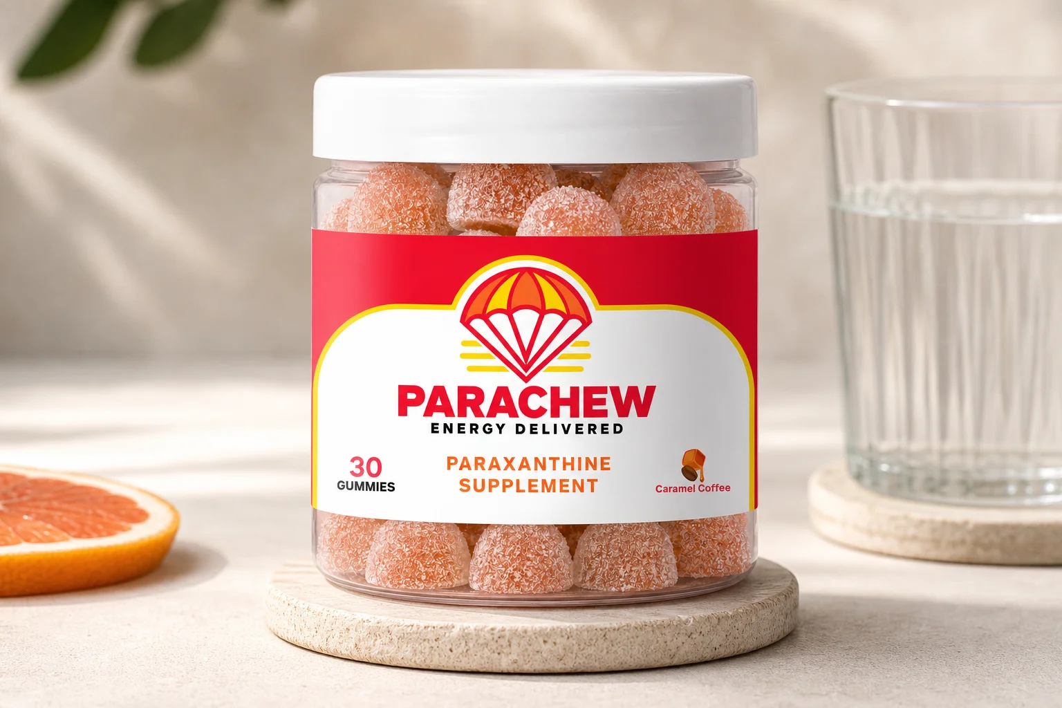Parachew paraxanthine gummies on a gym bag representing the paraxanthine vs theacrine choice for caffeine-sensitive adults