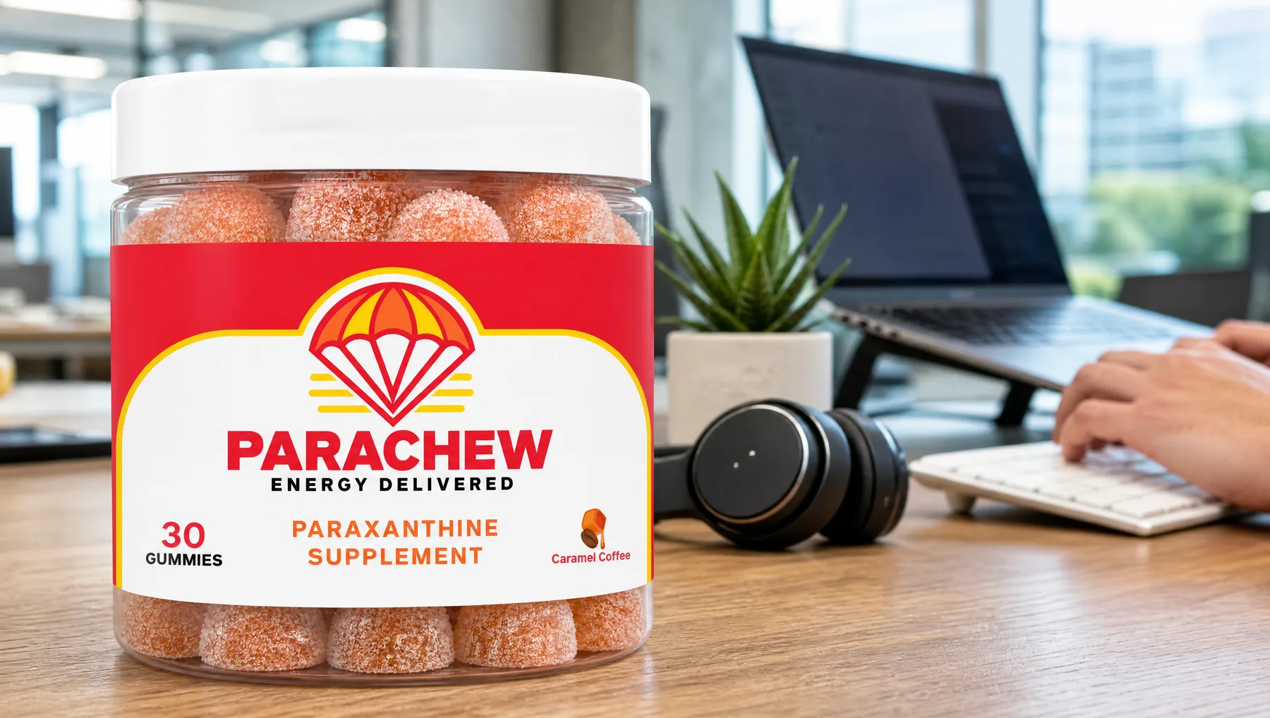 Parachew Caramel Coffee paraxanthine gummies jar in the foreground of a corner of a modern open-plan office at mid-morning