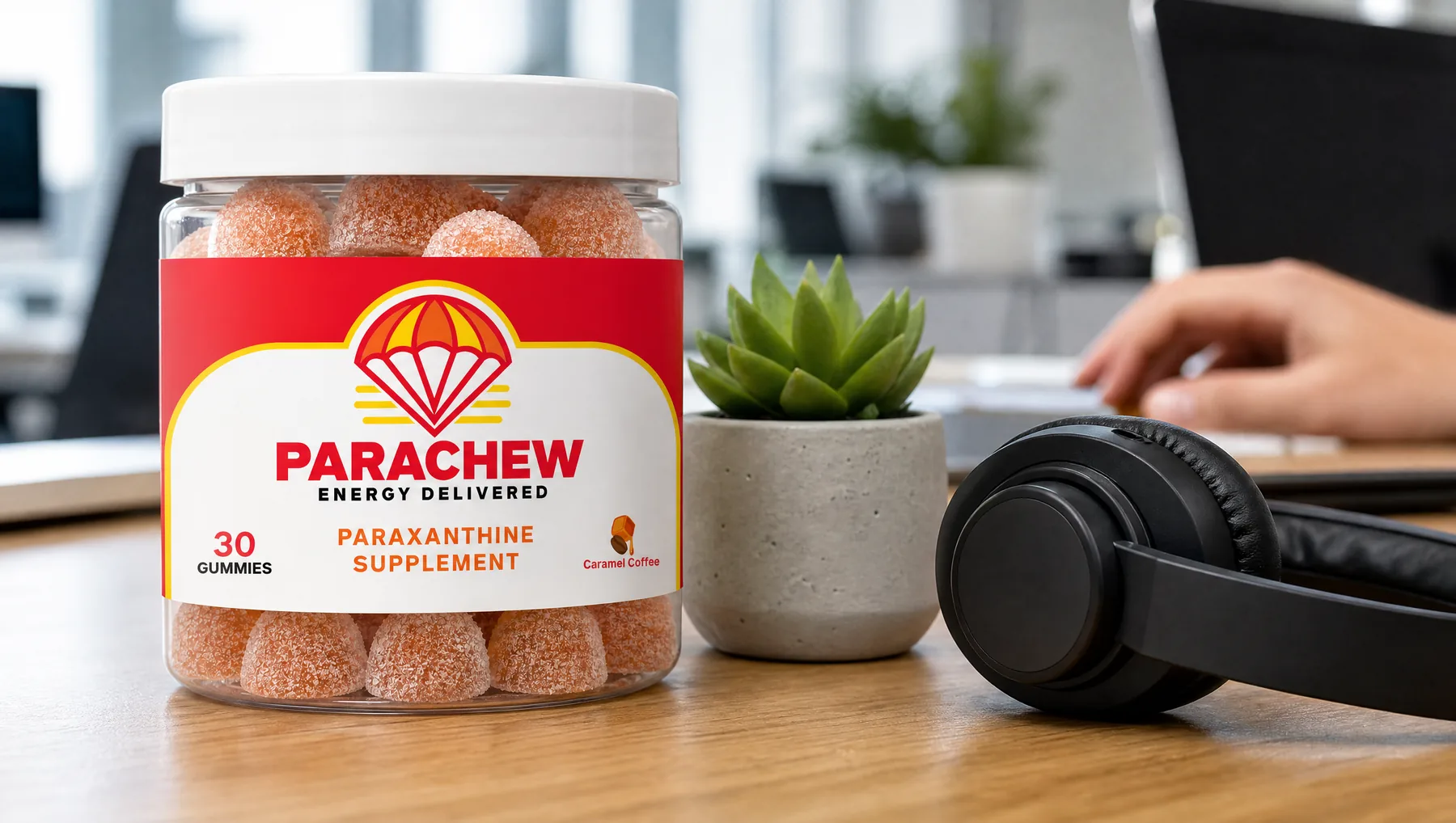Close view of a Parachew Caramel Coffee paraxanthine gummies jar, a tight side crop along the office desk